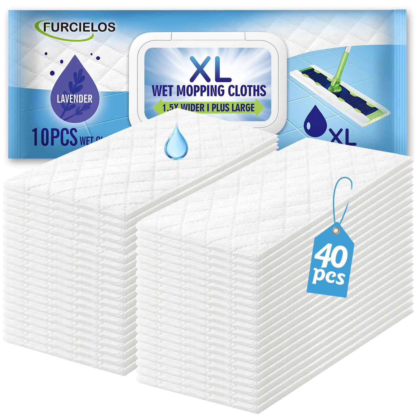 FURCIELOS 40 Count XL Heavy Duty Wet Mopping Cloths Refill Compatible with Swiffer Sweeper XL Mop, Disposable Wet Pads Refill X-Large Size for Multi-Surface Floor Cleaning, Lavender Scent