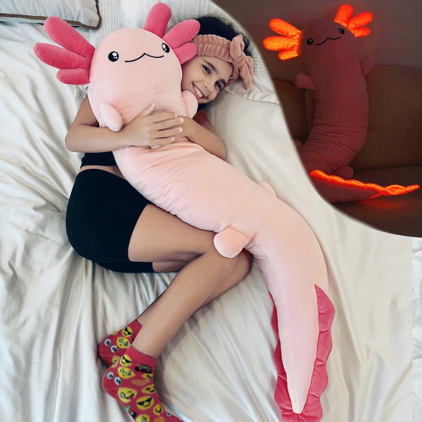 Tezituor Pink Axolotl Stuffed Animal for Girls 6-12, 48 inch Glow-in-Dark Plush Toy 4ft Body Pillow for Adults Mother's Day Large Stuffed Salamander Axolotl Lovers Gifts Christmas Valentines