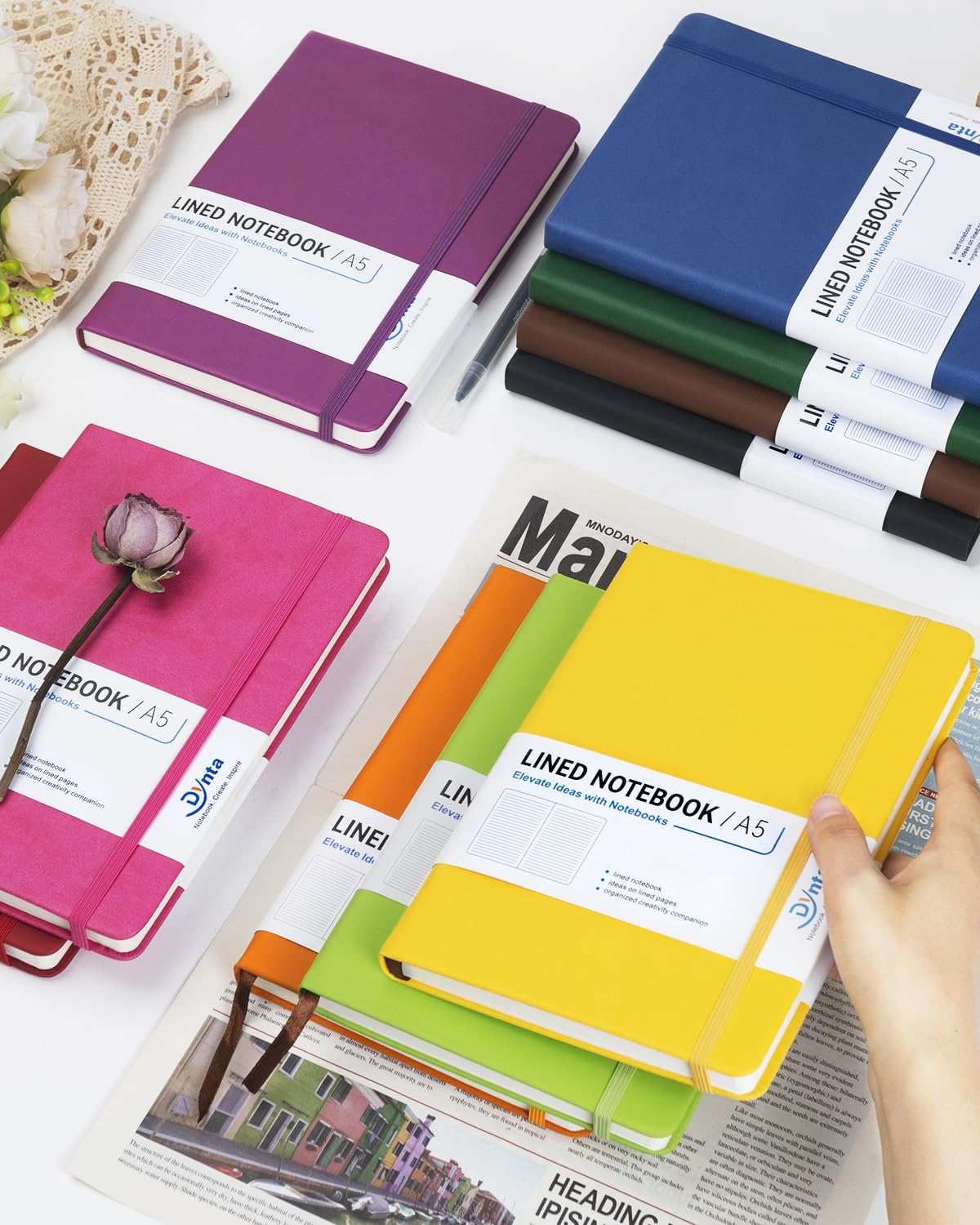 Dynta Hardcover Journals Bulk, 10 Packs A5 Lined Notebooks for Writing 200 Pages/100Sheets, 8.4 x 5.8 inch, 10 Colors Classic Ruled Notebook for Work/Note Taking/College