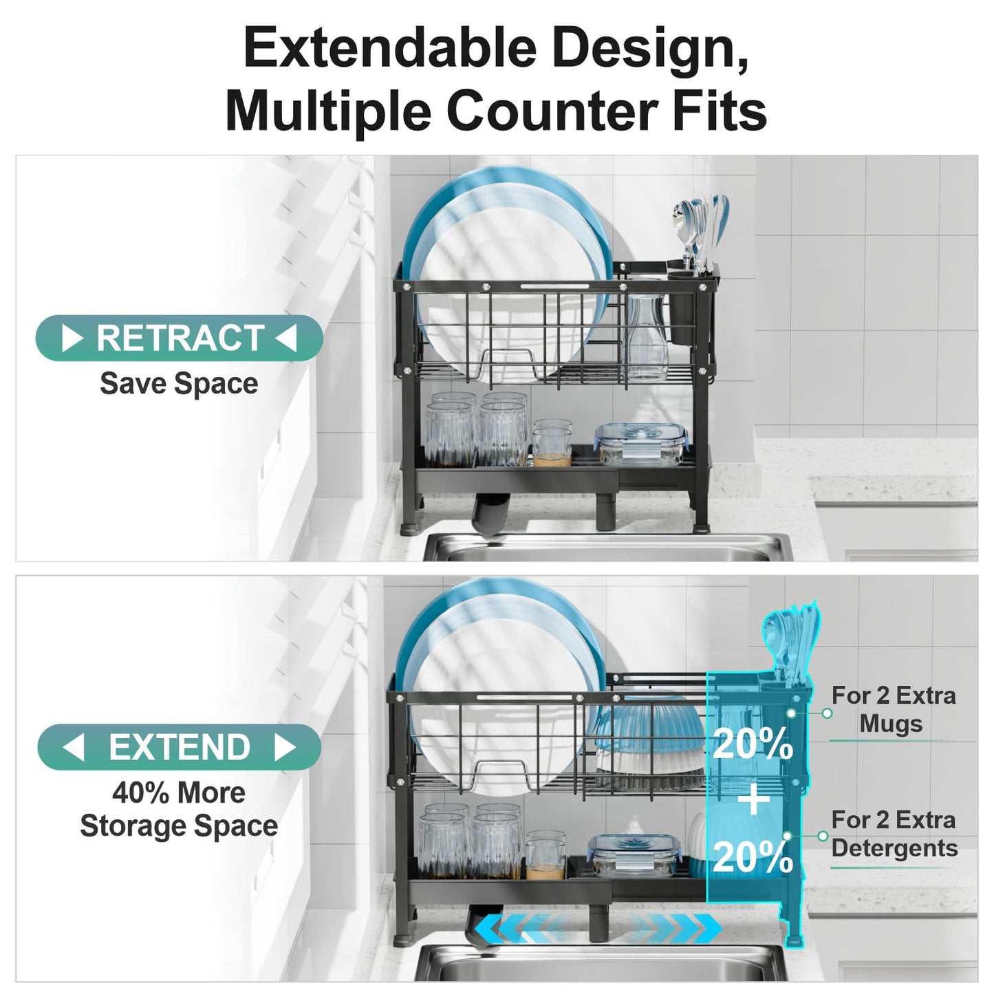 GSlife Narrow Dish Drying Rack, 2 Tier Small Dish Drainer for Kitchen Counter, Expandable Compact Dish Rack with Utensil Holder for RV/1-2 People, 15.7''-20.7''L x 7" D x 12.6" H, Black