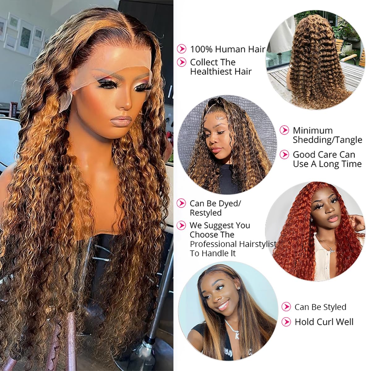 Tascal Highlight Ombre Transparent 13x6 Lace Front Wigs Human Hair Honey Blonde 4/27 Deep Wave Lace Front Wigs Human Hair for Black Women (26 Inch)
