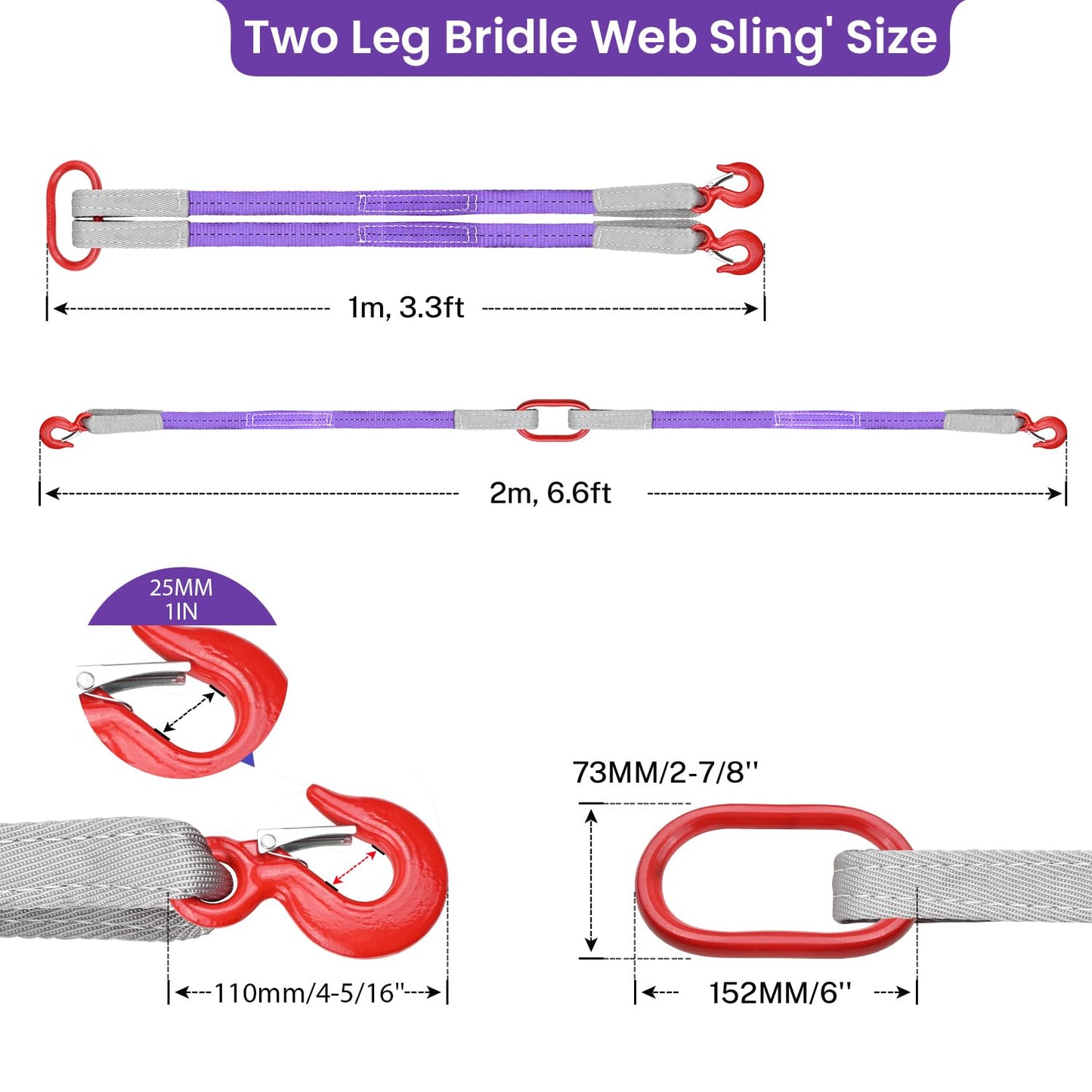 2 PCS Lifting Slings Straps with Hooks - 3.3 FT, 4409LB Pounds Capacity, Polyester Bridle Sling, Heavy Duty Two Leg Rigging Strap for Engines, Cranes, Hoists, Truck, Purple
