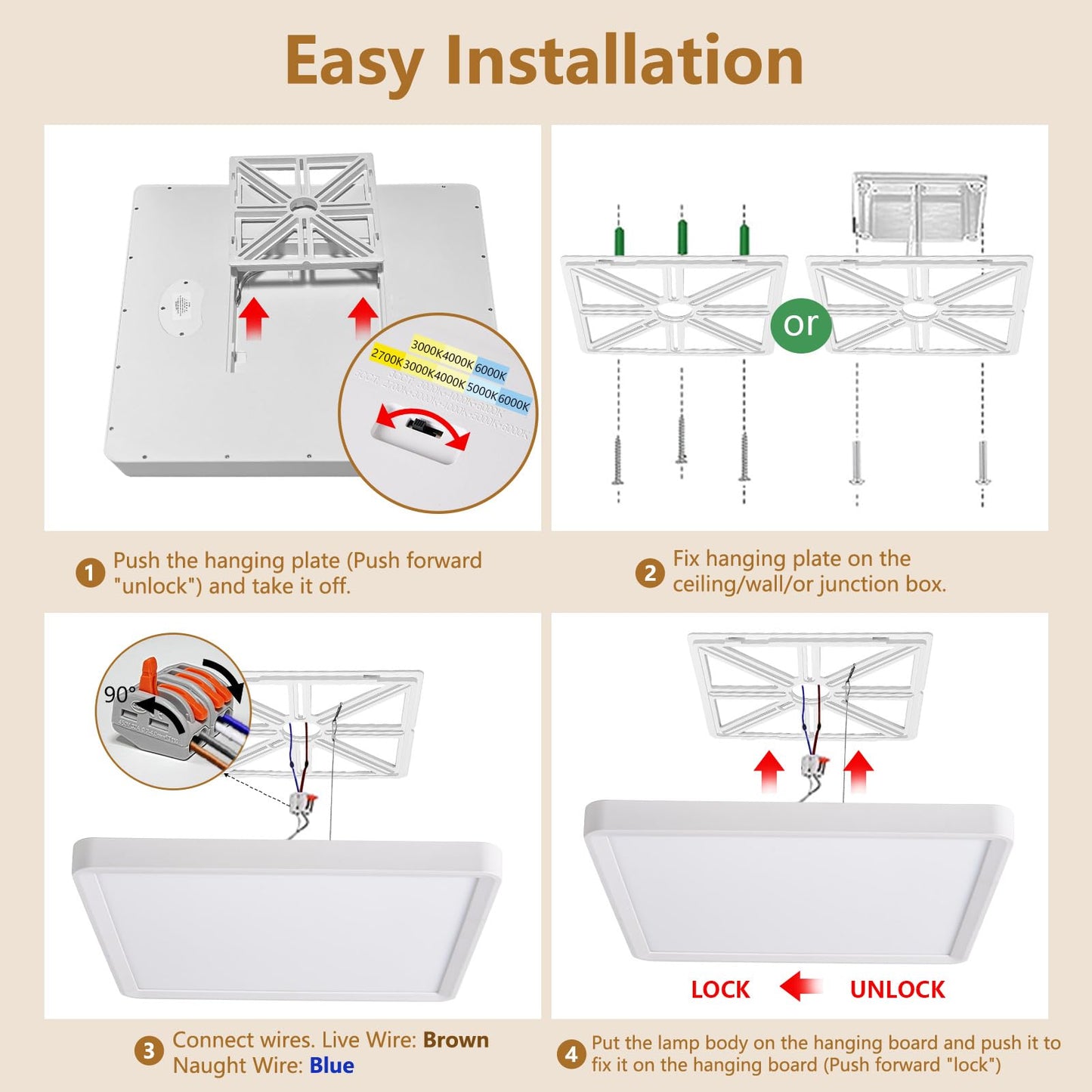 2PK 16 Inch Square LED Flush Mount Ceiling Light, 40W, 4000LM 3000K/4000K/6000K CCT Selectable, White Square LED Flat Panel Ceiling Light Fixture for Bedroom,Kitchen,Living Room