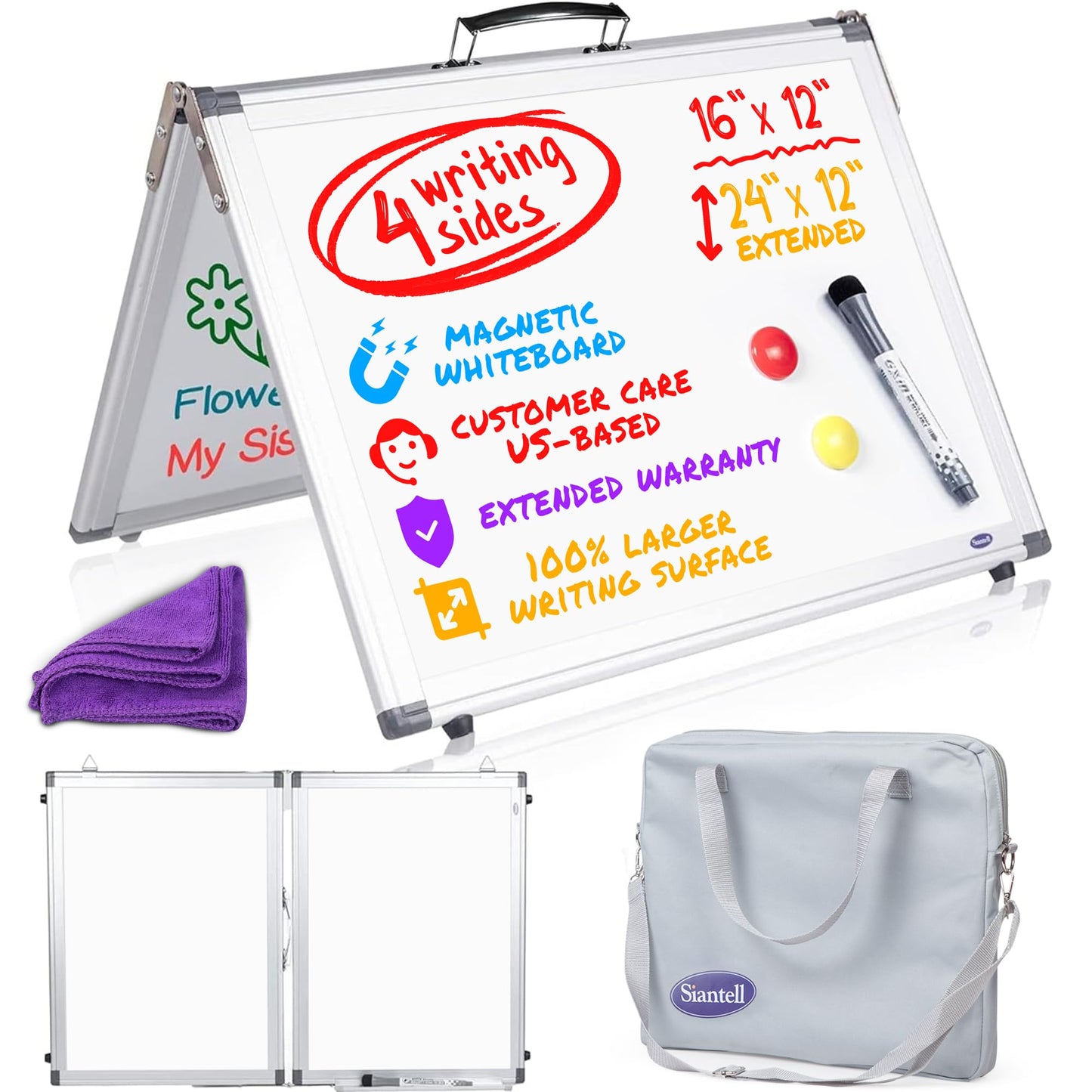 Small Dry Erase White Board – Magnetic Desktop Whiteboard - 16x12 inch 4 Sides Portable Whiteboard for Kids - Tabletop Mini Easel with Cover Bag for Office Desk, Students, Teachers