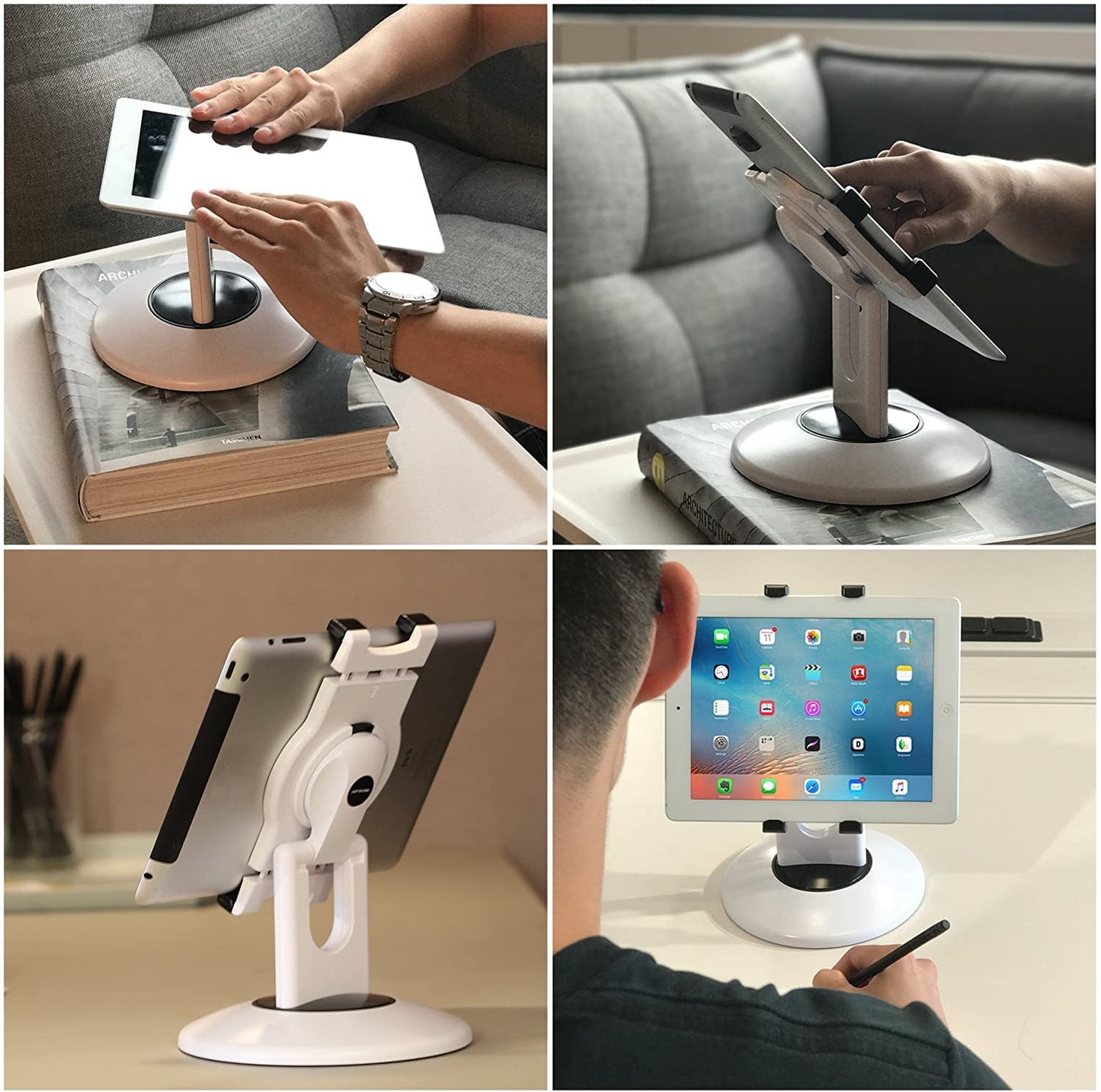 AboveTEK Retail Kiosk iPad Stand, 360° Rotating Commercial POS Tablet Stand, Fits 6"-13" (Screens) iPad Mini Pro-Business Swivel Tablet Holder, for Store Office Reception Kitchen Desktop (White)