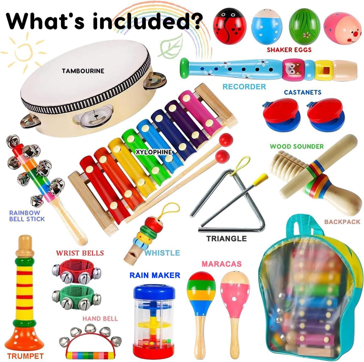 INLAIER - Children's musical instruments, wooden percussion instruments, tambourine, xylophone, children's toys, preschool education, early learning, musical toy for children and