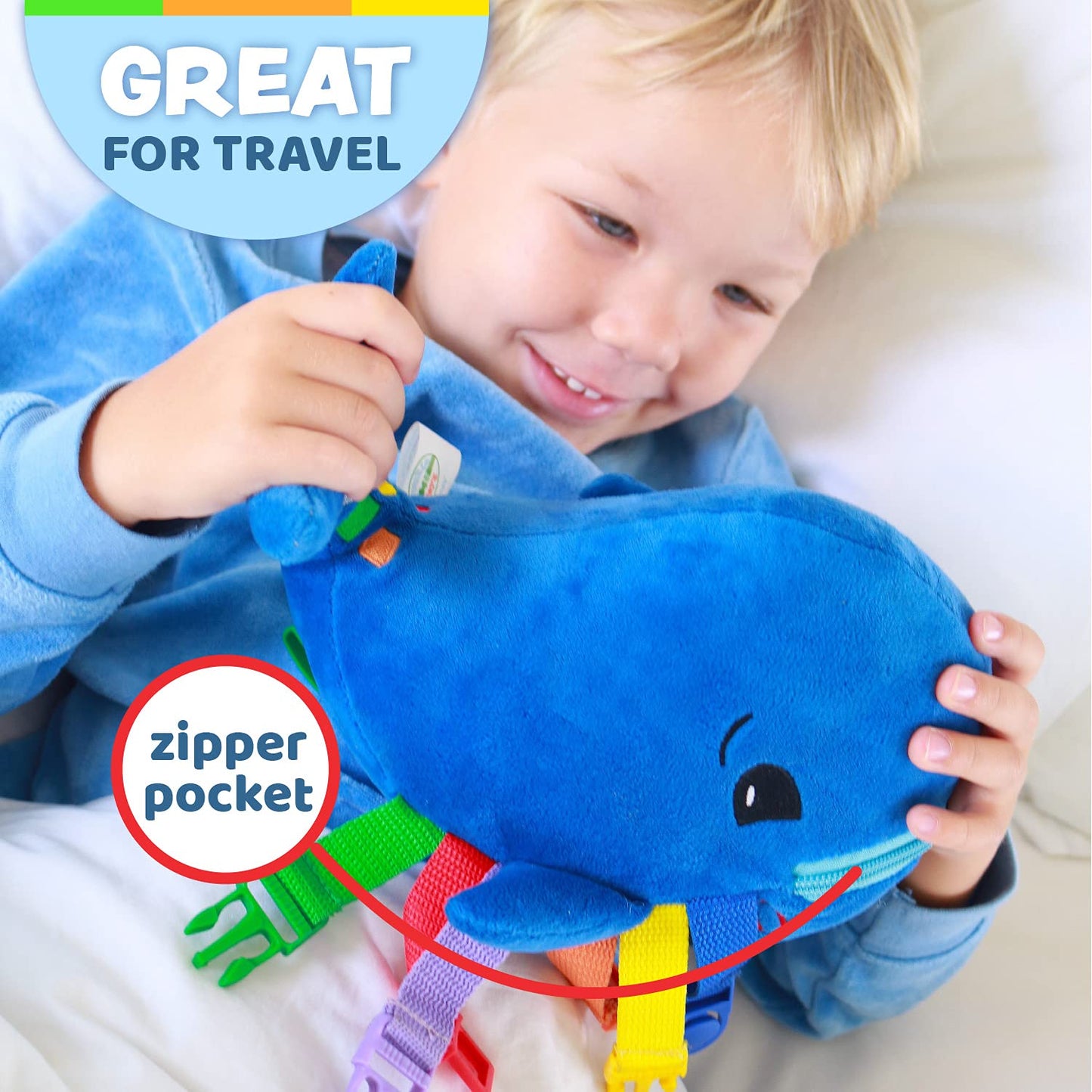 Buckle Toy Blu Whale - Toddler Early Learning Basic Life Skills Children’s Plush Travel Activity