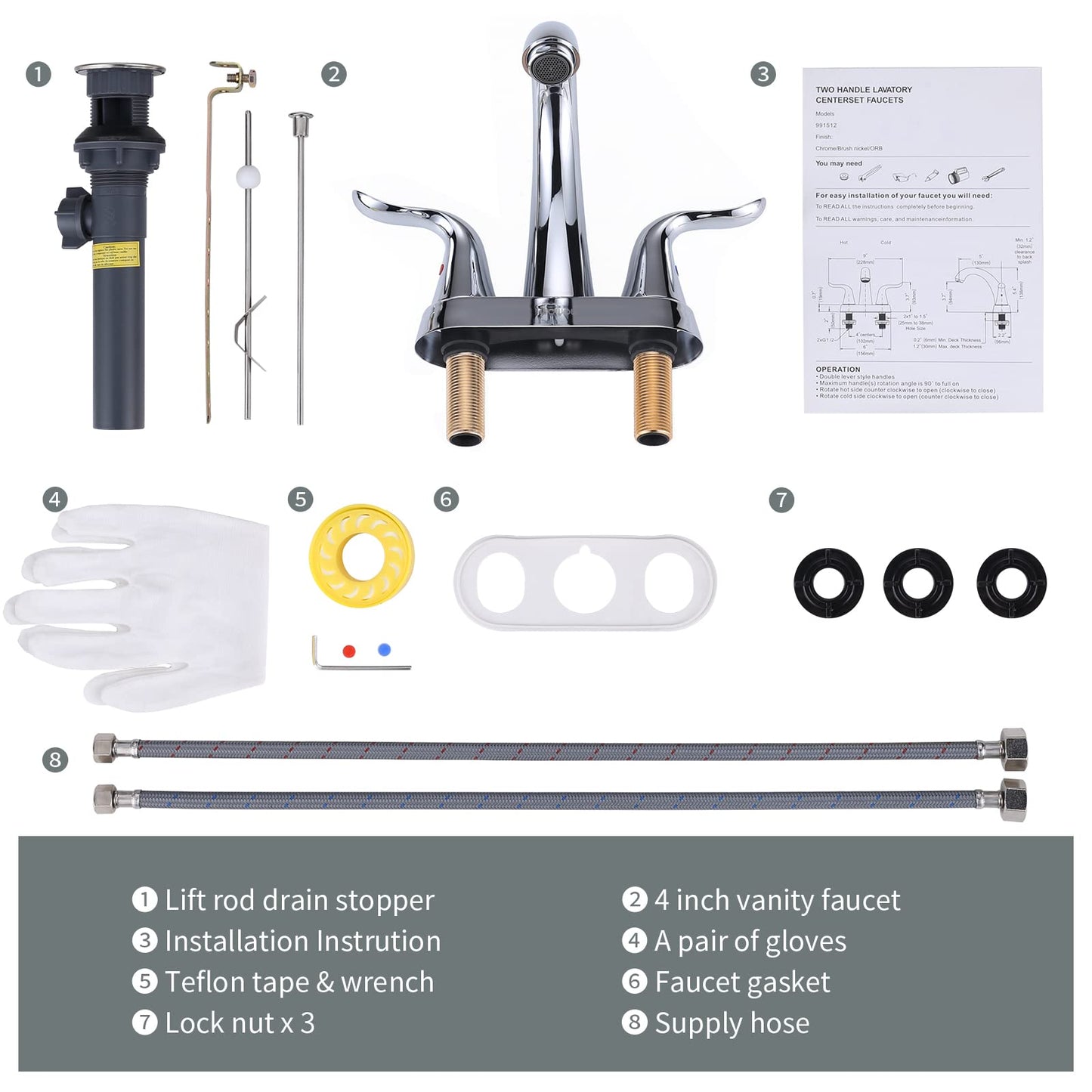 WOWOW Bathroom Faucet 2 Handle 4 Inch Centerset Bathroom Sink Faucet Lead-Free Basin Mixer Tap Lift Rod Drain Stopper, Two-Handle Center-Set Lavatory Faucet Chrome