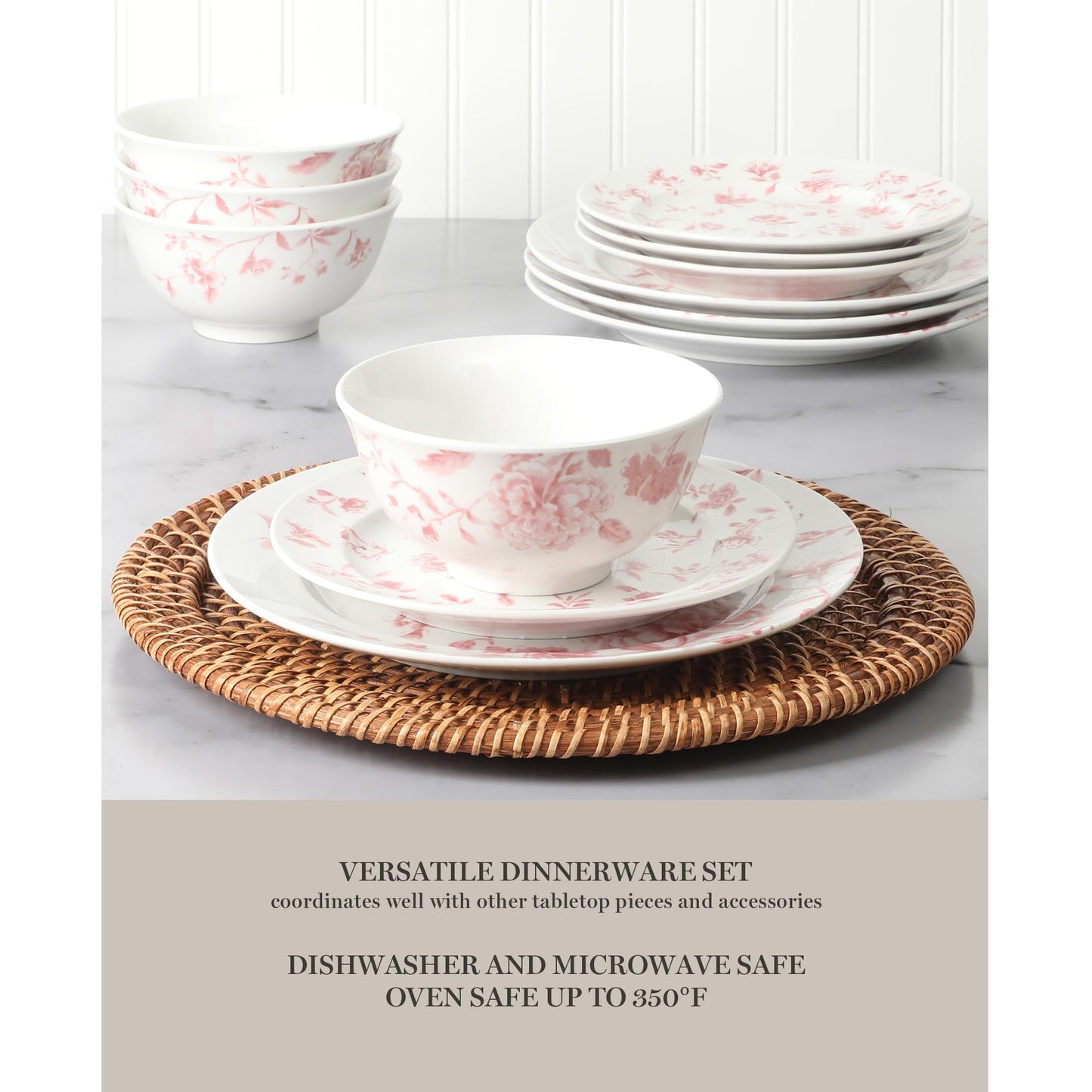Martha Stewart Empress Bouquet 12-Piece Decorated Porcelain Chip and Scratch Resistant Dinnerware Plates and Bowls Set - Pink Floral