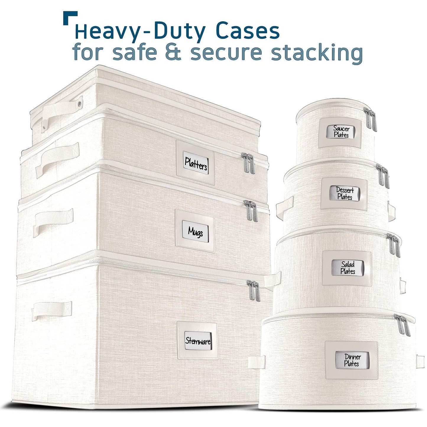 Fine China Storage Containers, 5 Piece Quilted Dish Storage Containers, Mug, Cup, and Plate Dish Organizer with Felt Dividers, Service of 12 Dinnerware Boxes for Moving, Seasonal Organization, Cream