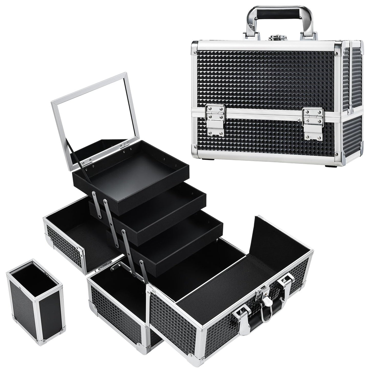 Joligrace Makeup Box Organizer 11.8 Inch Large Makeup Case 3-Tray with Mirror Carrying Make-up Train Case with Brush Holder Locking Portable Cosmetic Travel Storage Shiny Black