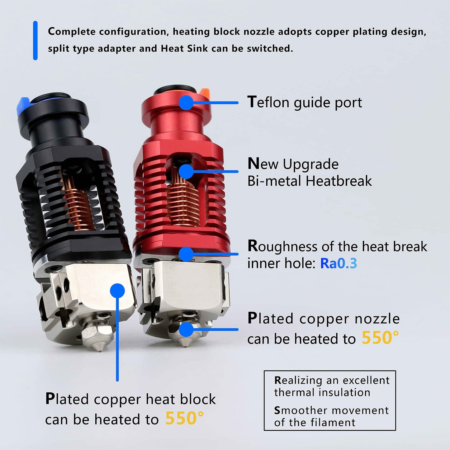 Upgrade Red Lizard k1 V6 Dragon Hotend Plated Copper Nozzle Block Compatible with Voron 2.4 0.1 CR10 Ender 3 V2 Pro Ender 5 Prusa I3 MK3s Titan DDB Extruder 3D Printer