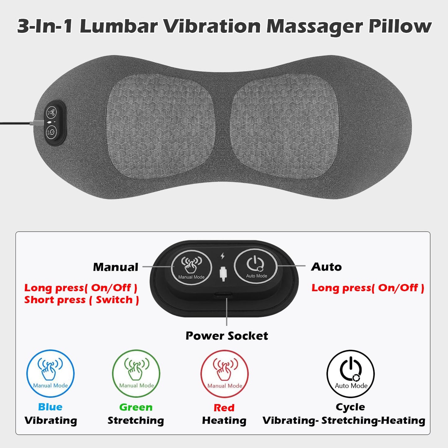 Lewuyoya Smooth Spine Triple Fusion Back Massager with Heat, Vibration and Traction for Sciatica Pain Relief, 3-in-1 Electric Lumbar Support Pillow Device for Lower Back Pain in Bed, Chair, Couch