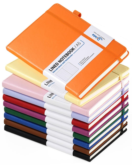 Dynta Hardcover Journal Notebooks 10 Pack A5 Lined Journals Bulk 5.8 x 8.4 Inch 160 Pages/80 Sheets 10 Colors College Ruled with Pen Loop Notebooks for Work, Writing, Note Taking