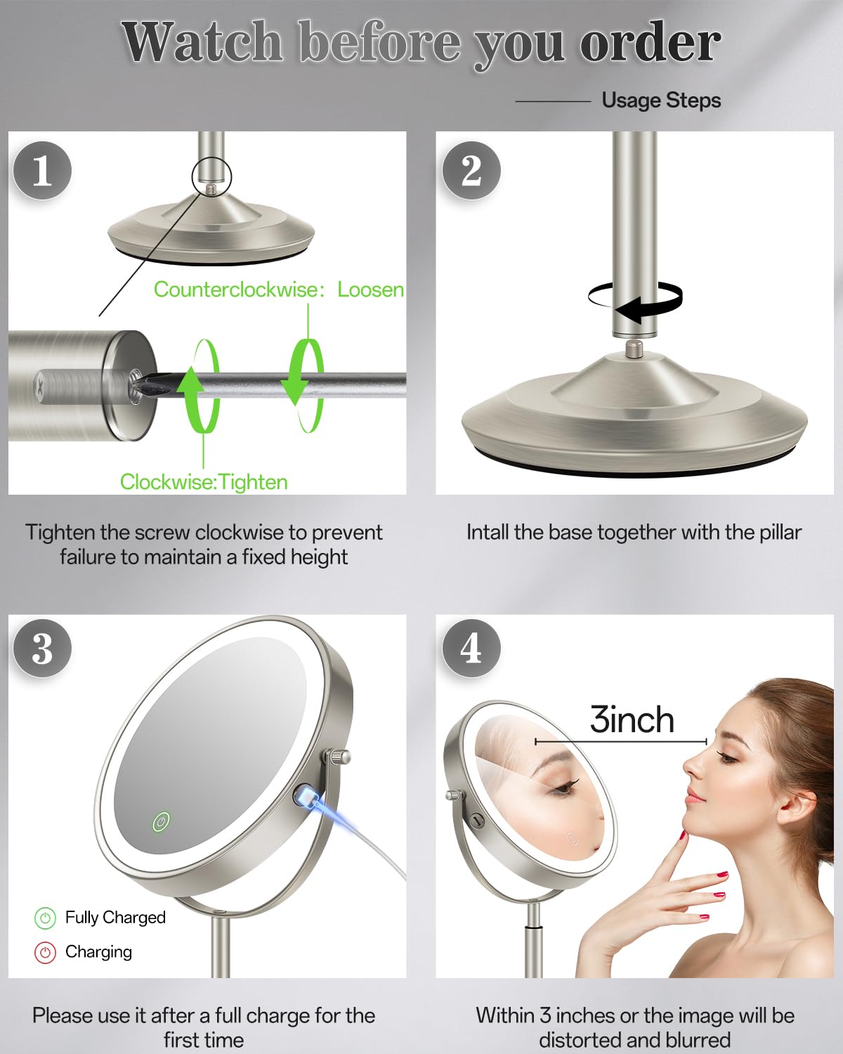vpu Makeup Mirror with Lights, 1X/30X Lighted Magnifying Mirror Height Adjustable, 3000mAh Rechargeable Double Sided Vanity Mirrors with 3 LED Lighting and Adjustable Brightness for Desk Women Gift