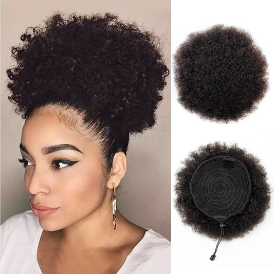 Boymia Afro Puff 2Pcs #1B Natural Black 8 Inch African American Kinky Curly Wrap Drawstring Puff Ponytail Hair Extensions 100% Remy Human Hair Kinky Bun for Natural Hair