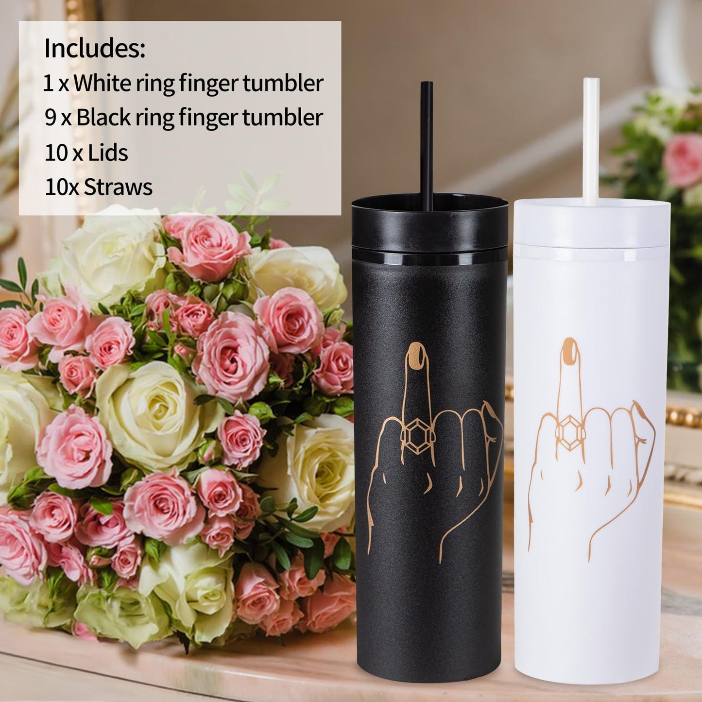 10 Pack Ring Finger Skinny Tumblers| 16 oz Bachelorette Party Cups.Engagement Wedding Gifts.Bridesmaid Proposal Gifts.Bridal Shower Gifts.Bride Bridesmaids Bridal Party Tumblers Cups(Black).