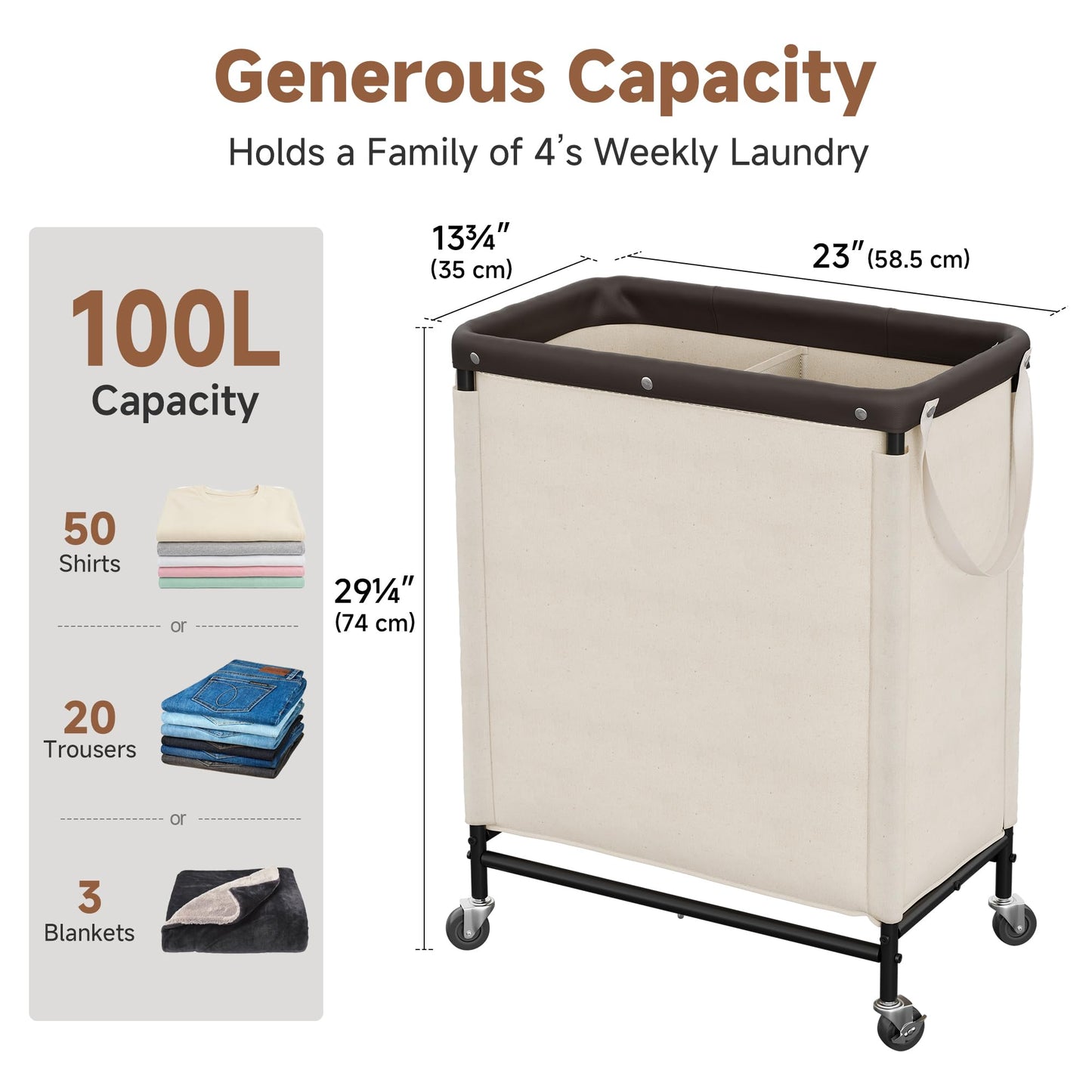 StorageWorks 2 Section Laundry Hamper, Rolling Laundry Cart with Wheels and Handles, Laundry Room Double Sorter for Organizer and Storage, 26.4 Gal(100L), Beige