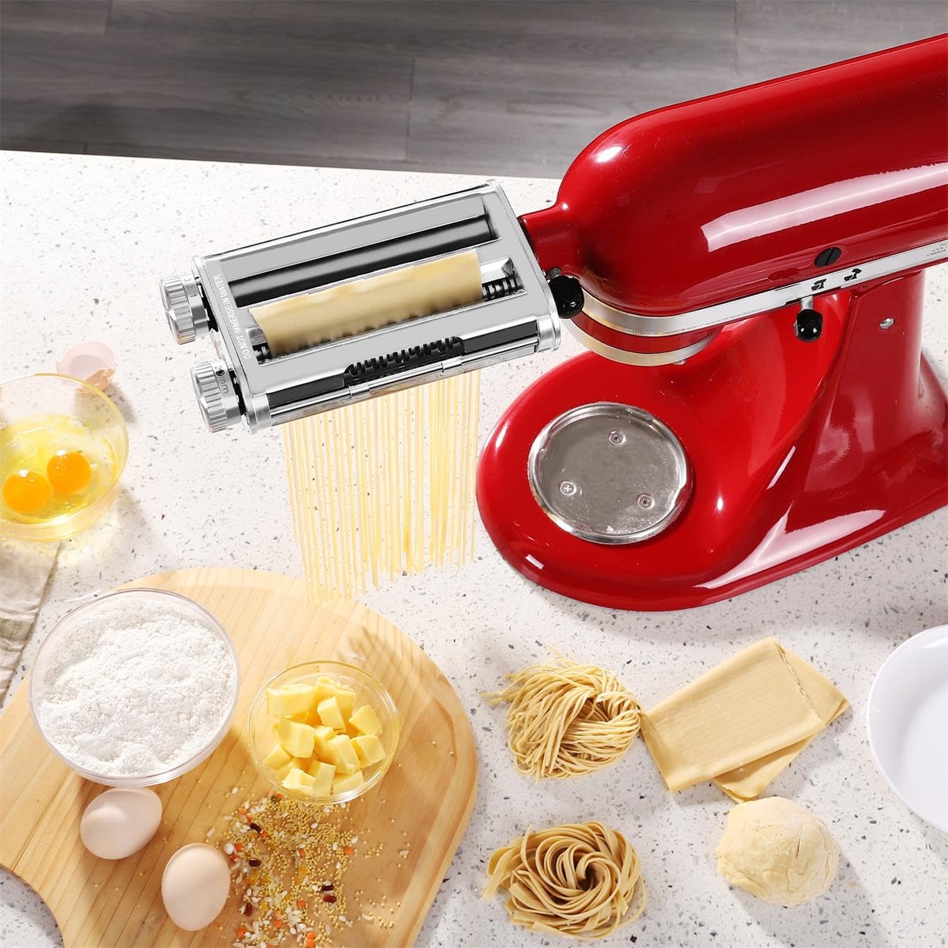 FavorKit Pasta Noodle Maker Attachment Set for KitchenAid Mixers Plus Hub Knob Screw Accessory Included Dough Sheet Roller, Spaghetti & Fettuccine Cutters-Unique Design