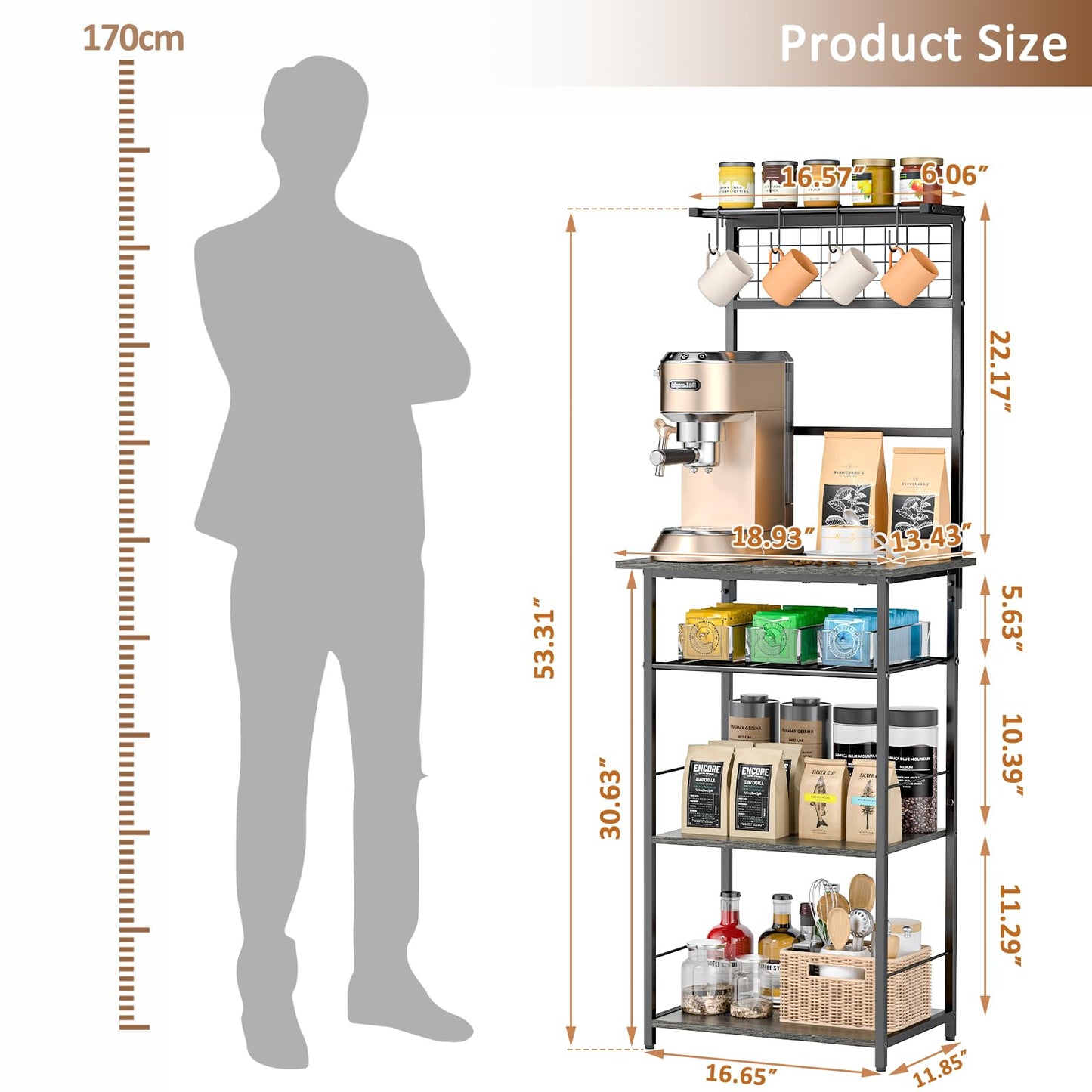 5 Tier Coffee Bar Station, Kitchen Stand with 4 S-Shaped Hooks, Farmhouse Corner Coffee Bar for Small Spaces, Bakers Rack for Kitchen, Entryway, Living Room, 13.43"D x 18.93"W x 53.31"H,Gray