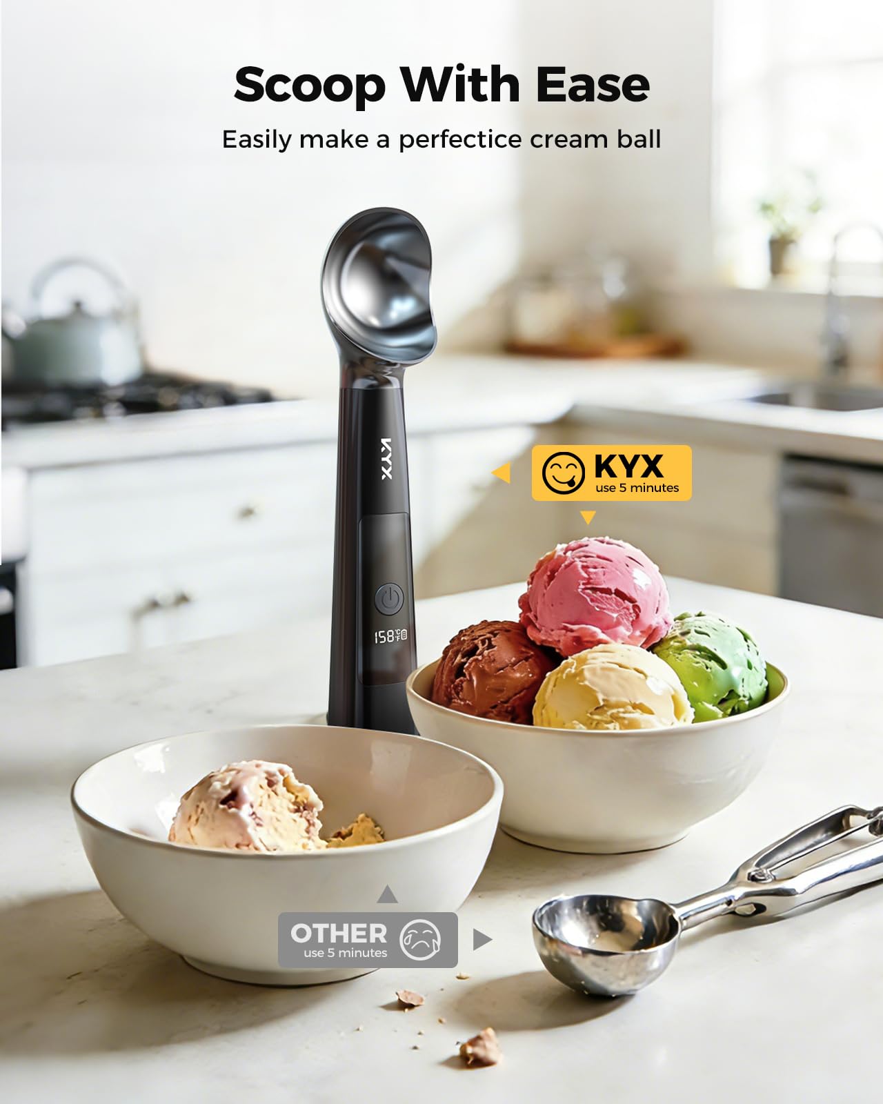 KYX Heated Ice Cream Scoop Rechargeable, Electric Ice Cream Scoop with 3-Level Heat 95-158°F, LED Display, IPX6 Waterproof, 3200mAh Battery, Easy Scoop for Hard Ice Cream, Gelato & Frozen Desserts