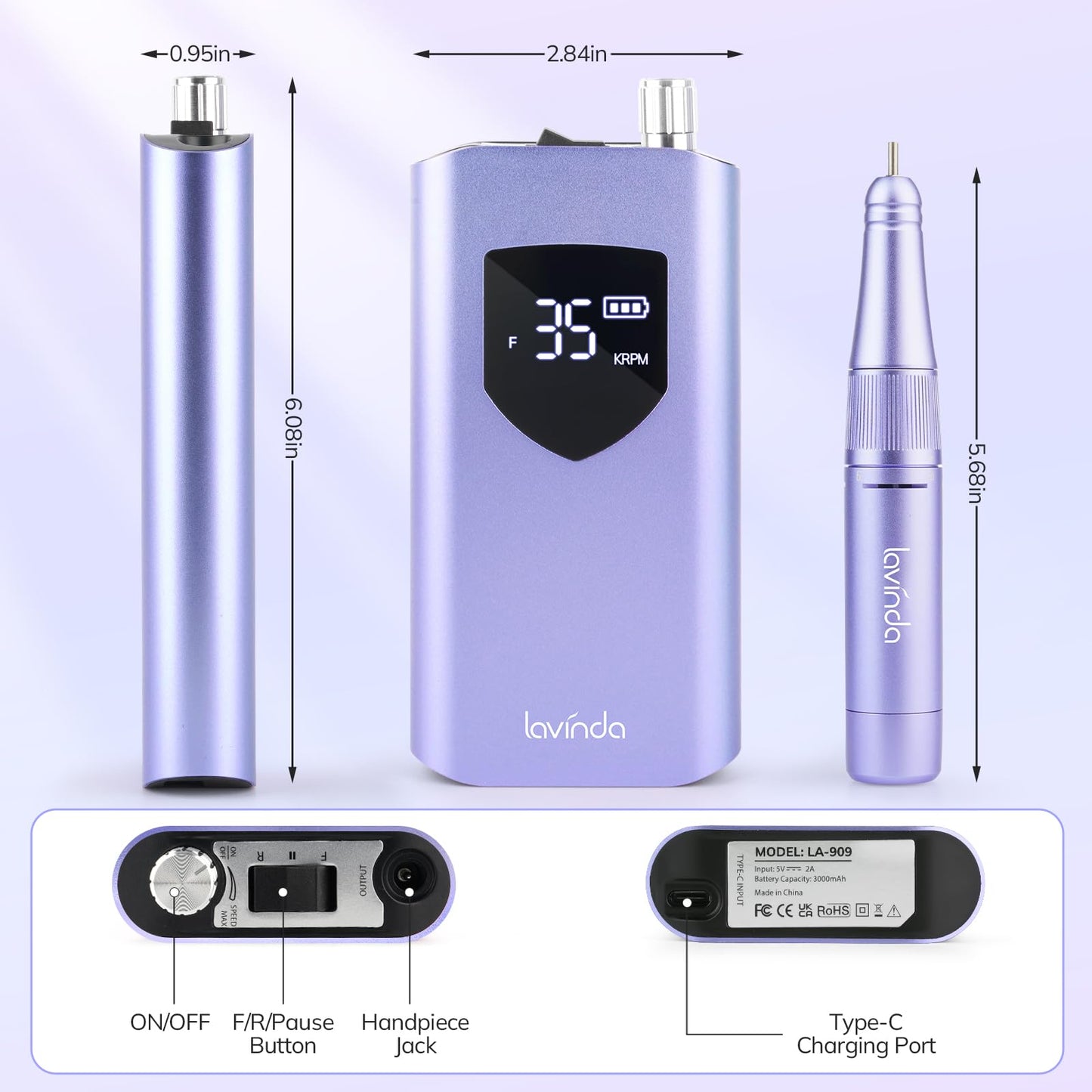 Lavinda Electric Nail Drill Machine, Professional 35000RPM Nail File Cordless Rechargeable Nail Efile for Acrylic Gel Nails, Manicure Pedicure Polishing Shape Tools for Salon Home Use-Purple