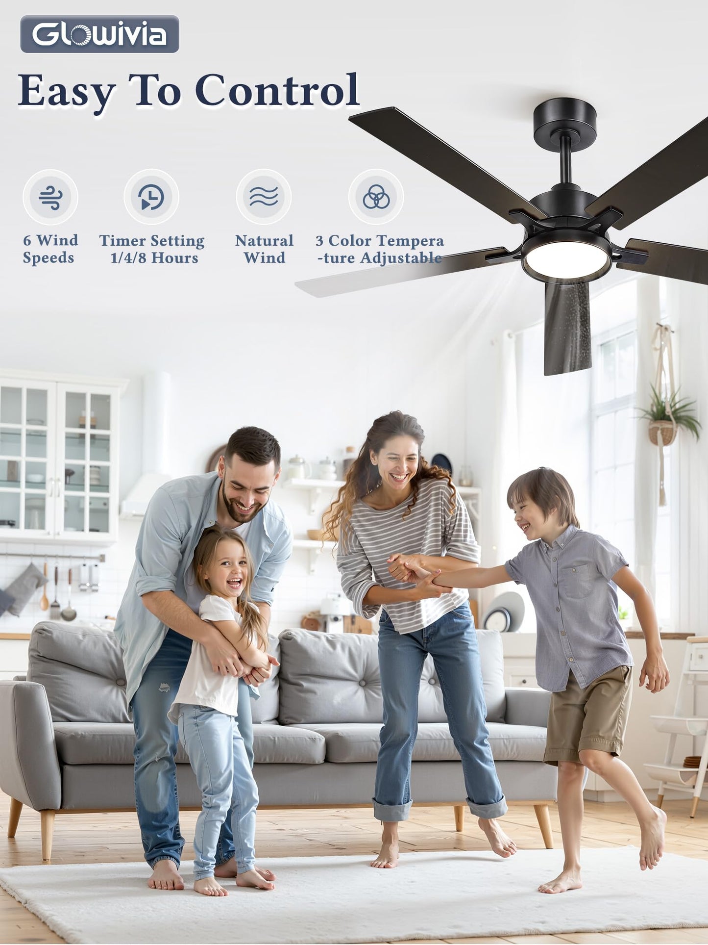Glowivia 52 Inch Ceiling Fan with Lights and Remote, Smart APP Control, Dimmable with All-Setting Memory, Quiet DC Motor Reversible Blades, Damp Rated Modern Ceiling Fan for Bedroom Patio Living Room