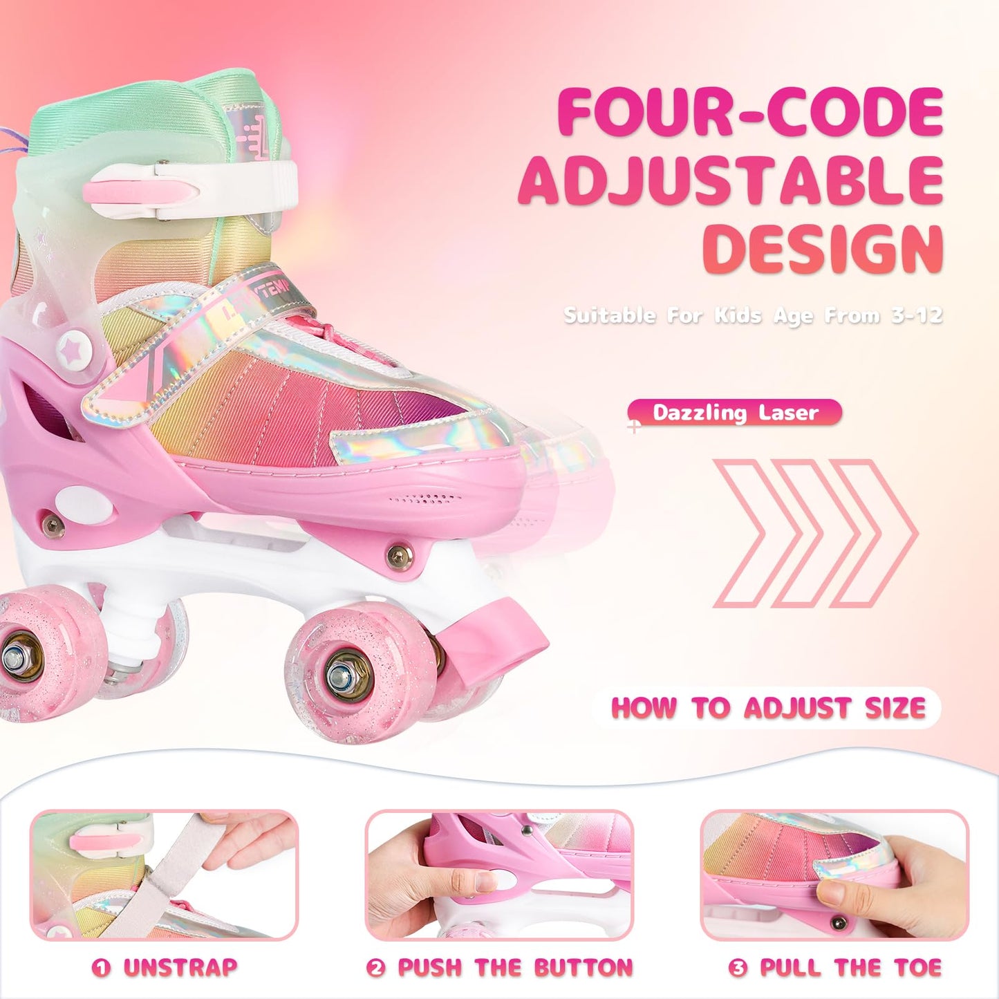 LEVYTEMP Rainbow Roller Skates for Girls Kids, Gradient Pink 4 Size Adjustable Quad Skates Size X-Small Ages 6-12 with All Light Up Wheels for Kids Youth Outdoor Indoor