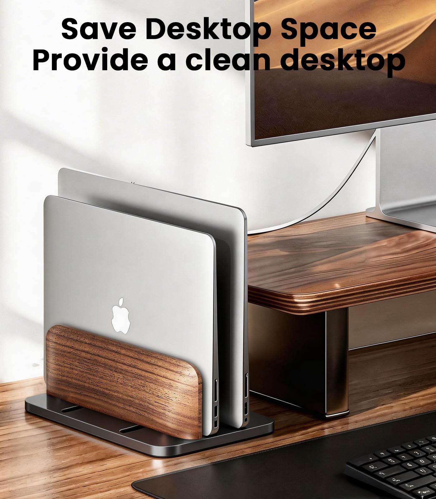 LOXP Vertical Laptop Stand, [Dual Slot Wooden + Aluminum Laptop Holder], Desktop Adjustable MacBook Stand, Adjustable Base, for MacBook Pro/Air, (up to 17.3-inch All laptops)