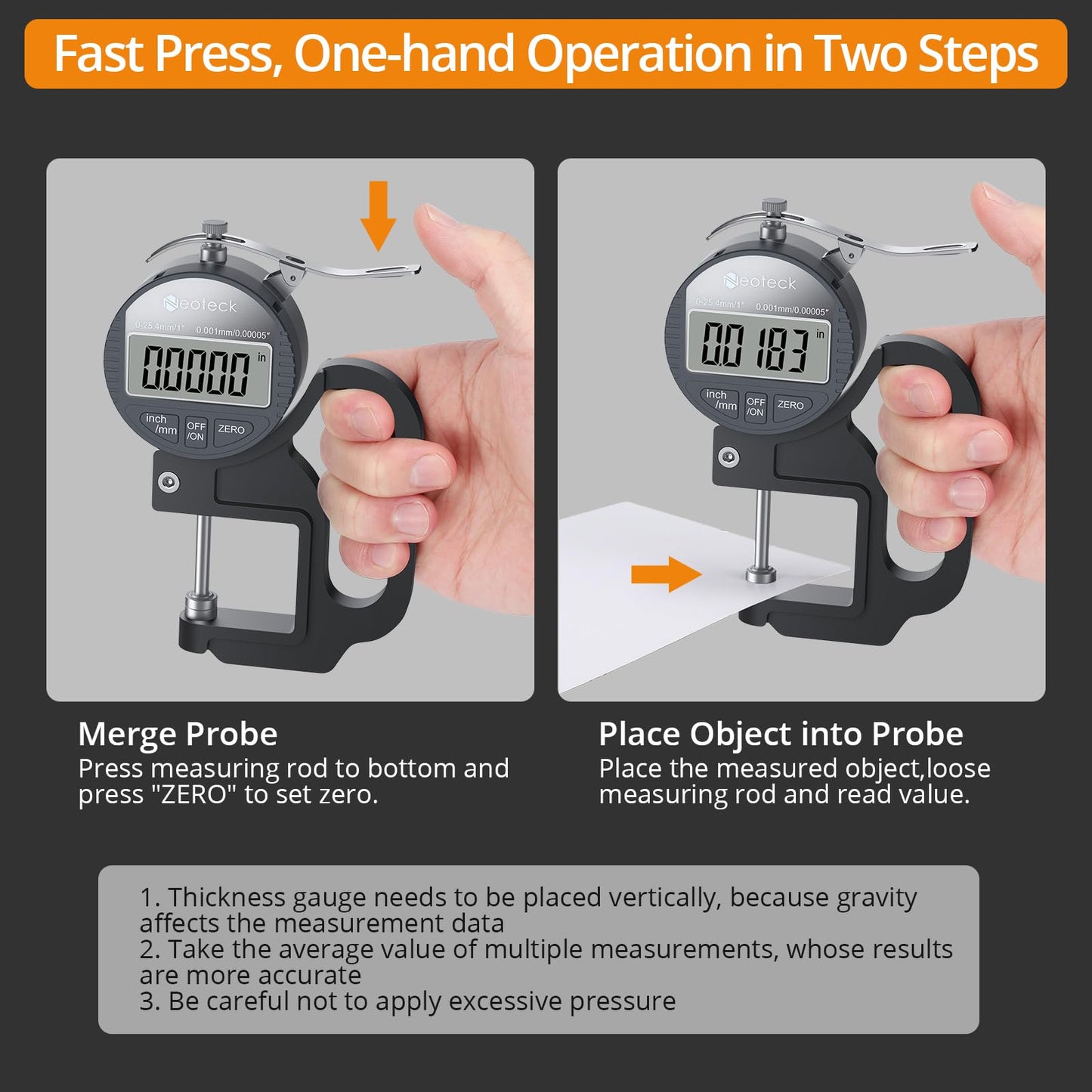 Neoteck Digital Thickness Gauge 1 inch/25.4mm, 0.00005"/ 0.001mm, Thickness Meter Precise Electronic Micrometer with LCD Display