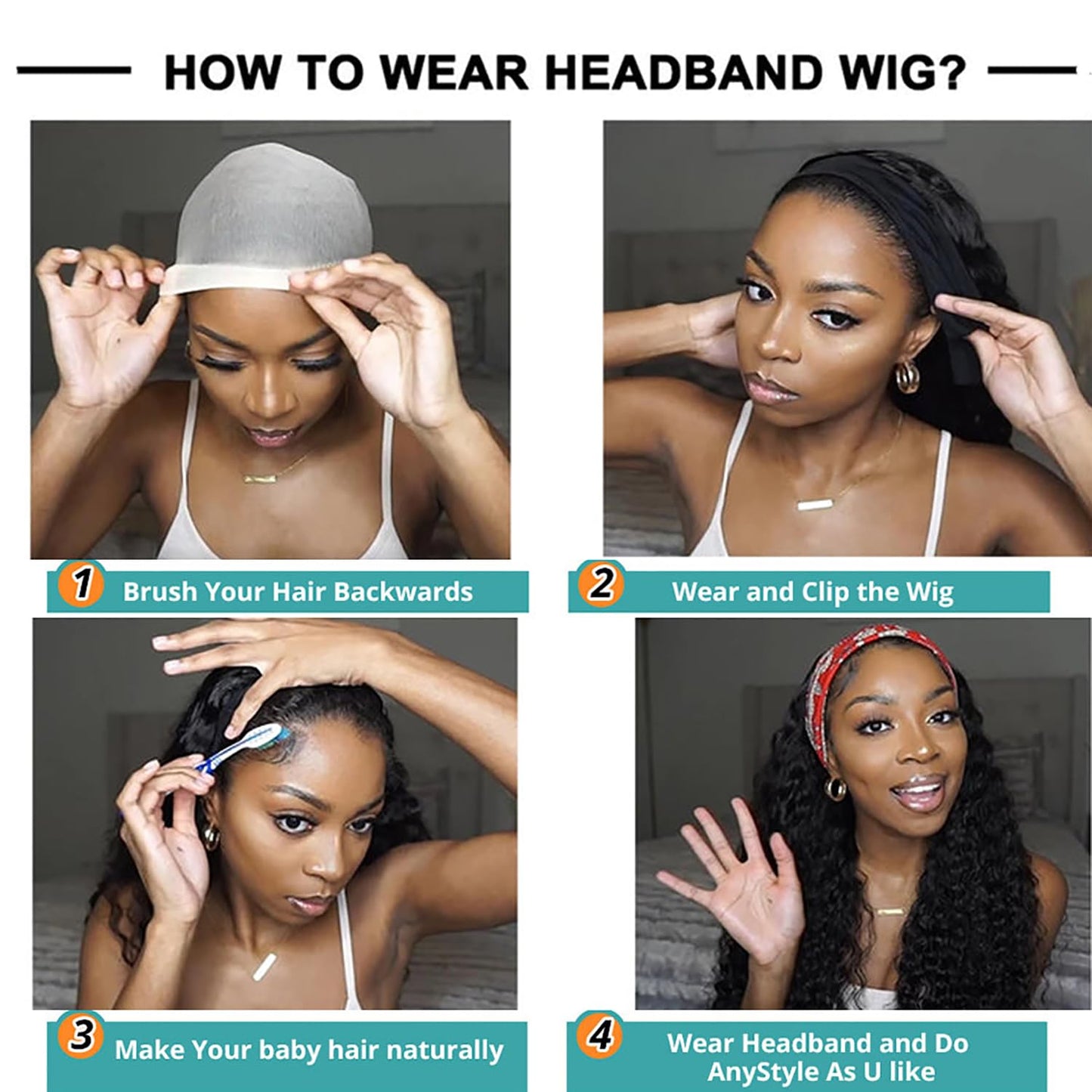 Unvizossa Headband Wig Human Hair Deep Wave 20 Inch Curly Headband Wigs for Black Women Glueless None Lace Front Wig Brazilian Virgin Human Hair Natural Color 150% Density