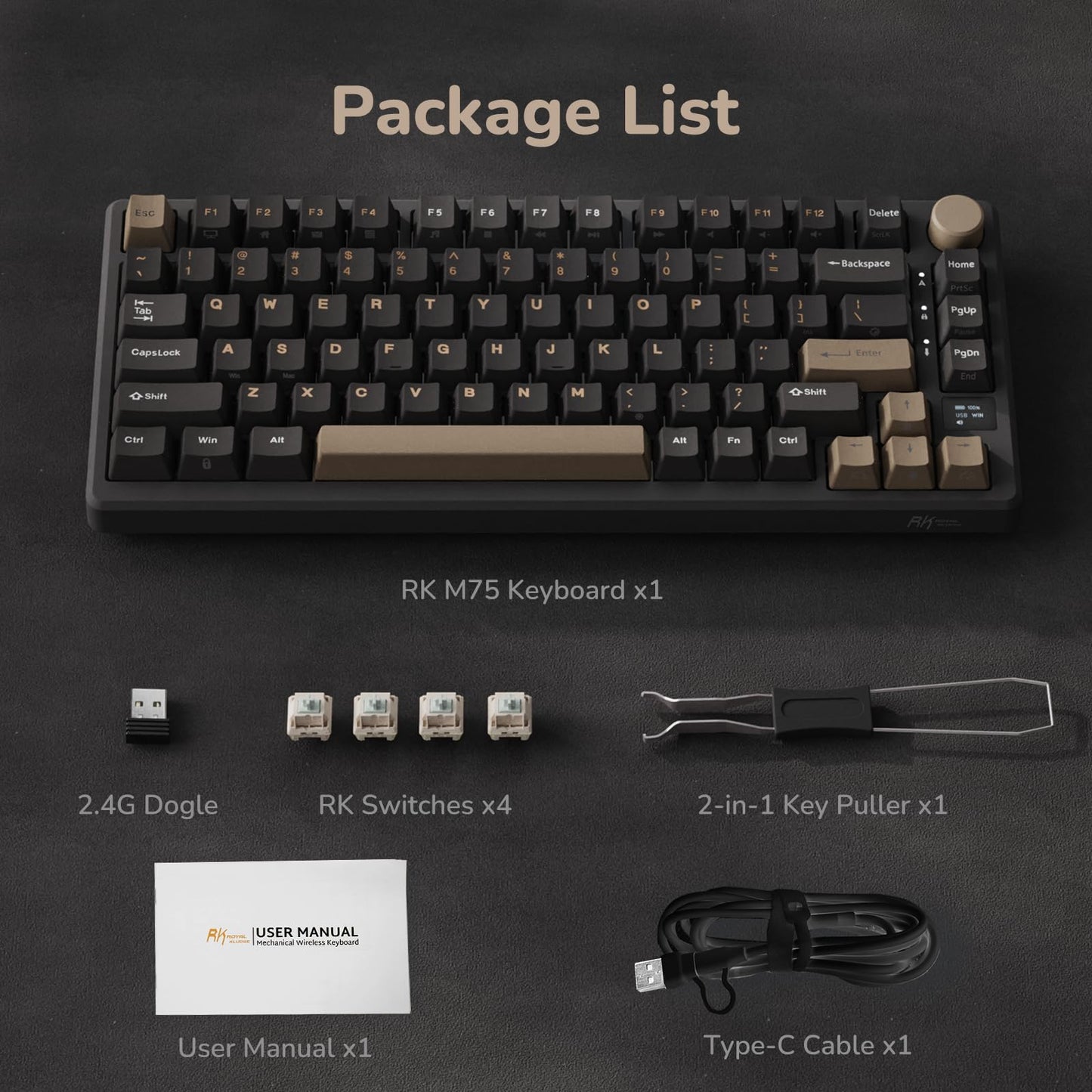 RK ROYAL KLUDGE M75 Wireless Mechanical Keyboard 2.4Ghz/BT5.1/USB-C Gaming Keyboard 75% Layout 81 Keys Gasket Mount with OLED Display & Knob RGB Backlight Hot-Swappable Viridian Switch, Grey