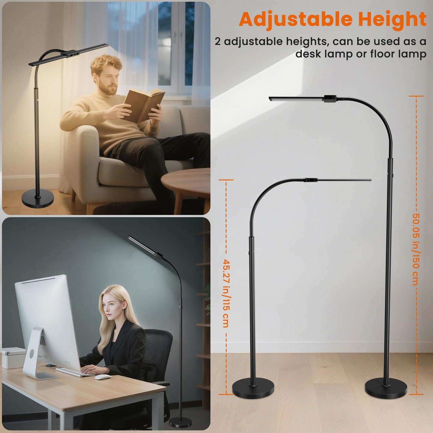 Cordless Floor Lamp Rechargeable LED - Battery Operated 8000mAh, Dual Head Gooseneck Reading Light with Touch Control, IP54 Waterproof Portable Floor Lamp for Living Room Bedroom Outdoor Emergency