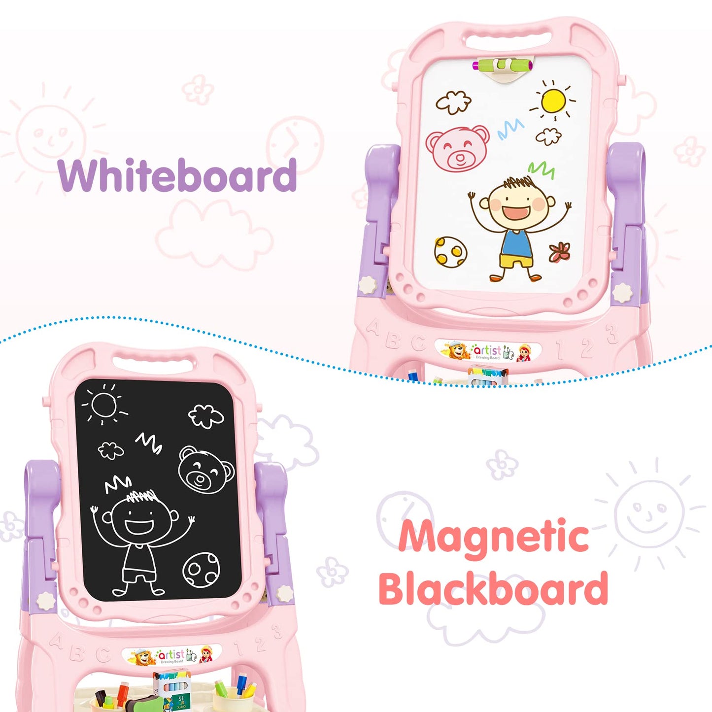 Amagoing Easel for Kids, Adjustable Standing Art Easel for Toddler, Double Side Magnetic Chalk Board with Painting Accessories, Birthday Christmas Gift for Little Boys and Girls Age 3-5, Pink