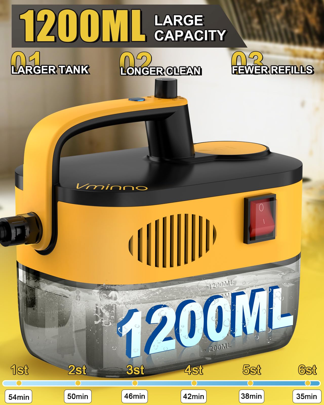 Heavy Duty Steam Cleaner for Home, Fast Heating & 1.2L Tank Handheld Steam Cleaner, 6-Level Adjustable Pressurized Steamer for Cleaning with 11 Accessories for Car, Grout, Tile, Floor and More(Yellow)