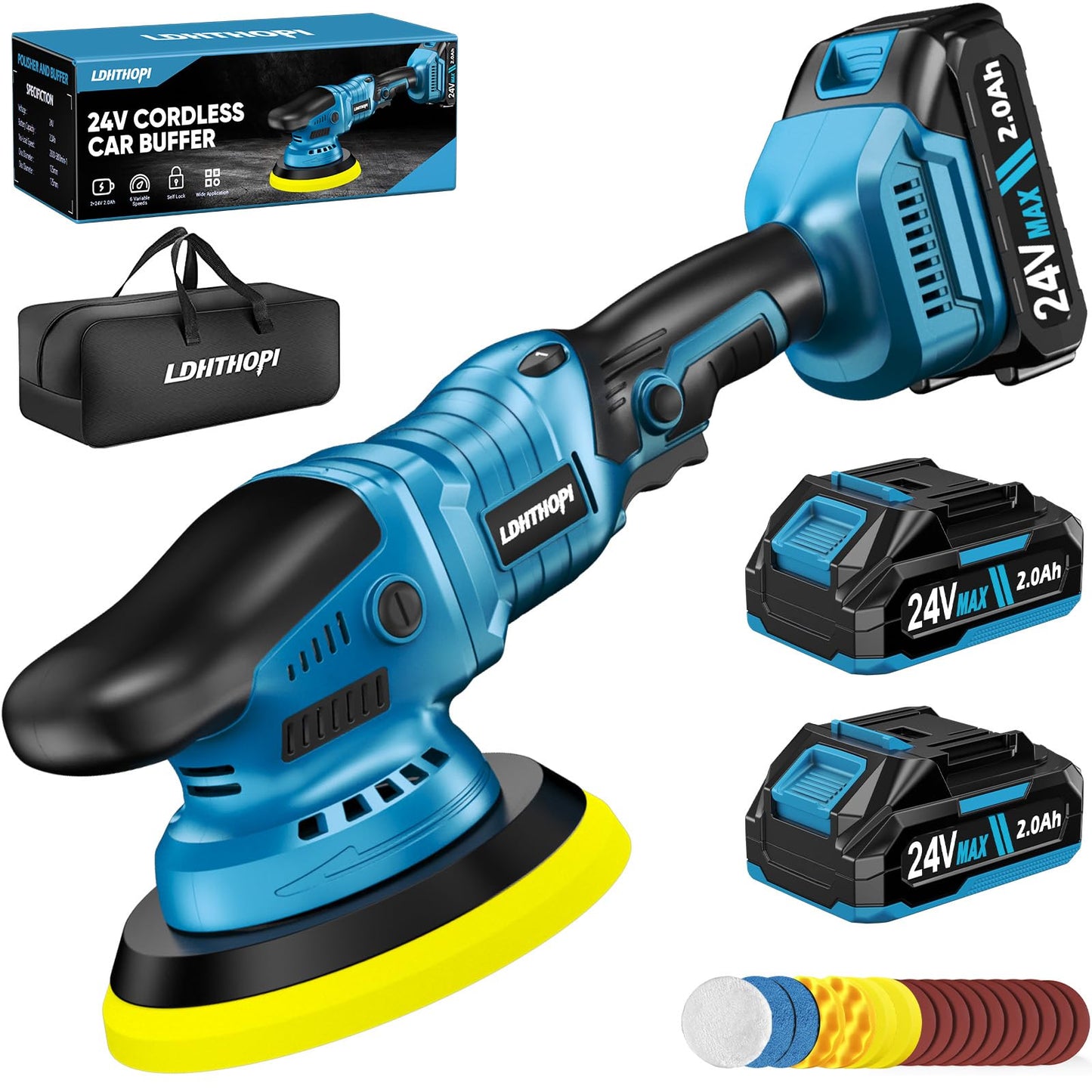 LDHTHOPI Cordless Buffer Polisher with 2×2000mAh Battery, 10000RPM 1600W High Power Car Polishing Kit with 6 Variable Speed, 23PCS Polishing Accessories for Car Polishing Waxing Detailing
