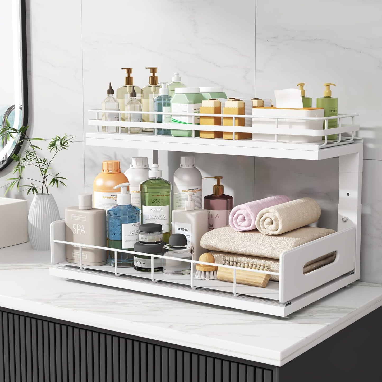 Biboraya Under Sink Organizer Upgrade To Professional Rails,2-Tier Dual Pull Out Cabinet Storage,Height Adjustable Slide Out Drawers For Bathroom Kitchen,2 Pack-18.5"Dx12.8"-16.9"H,White