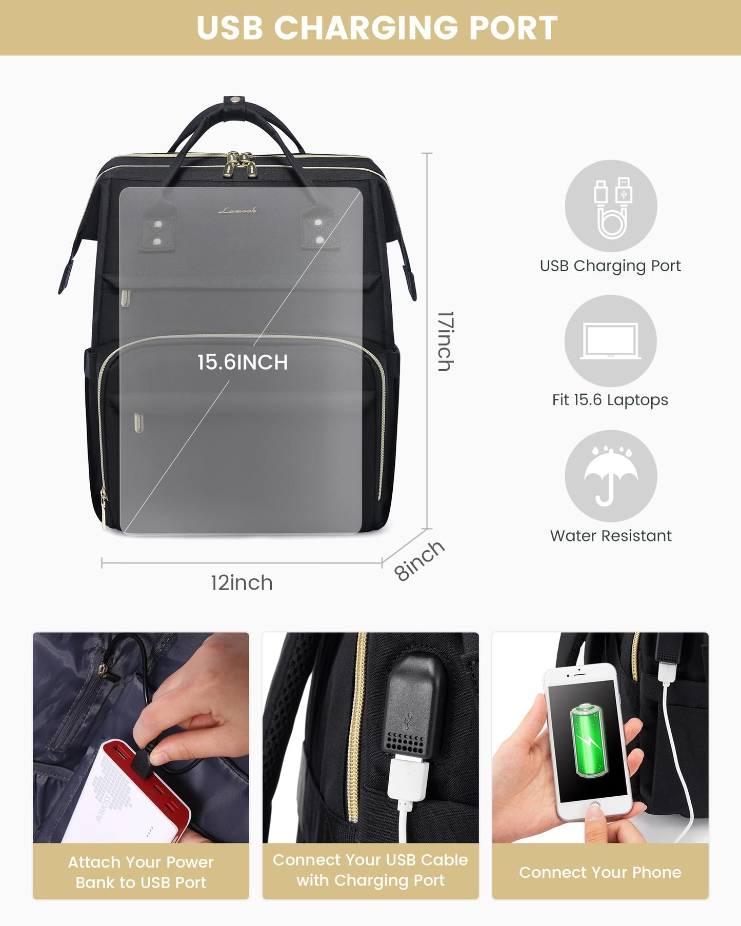 LOVEVOOK Laptop Backpack for Women, Travel with Compartment, Water Resistant Teacher Nurse Backpack, Anti-theft Back Pack Charger Work Doctor, 15.6-Inch, Black