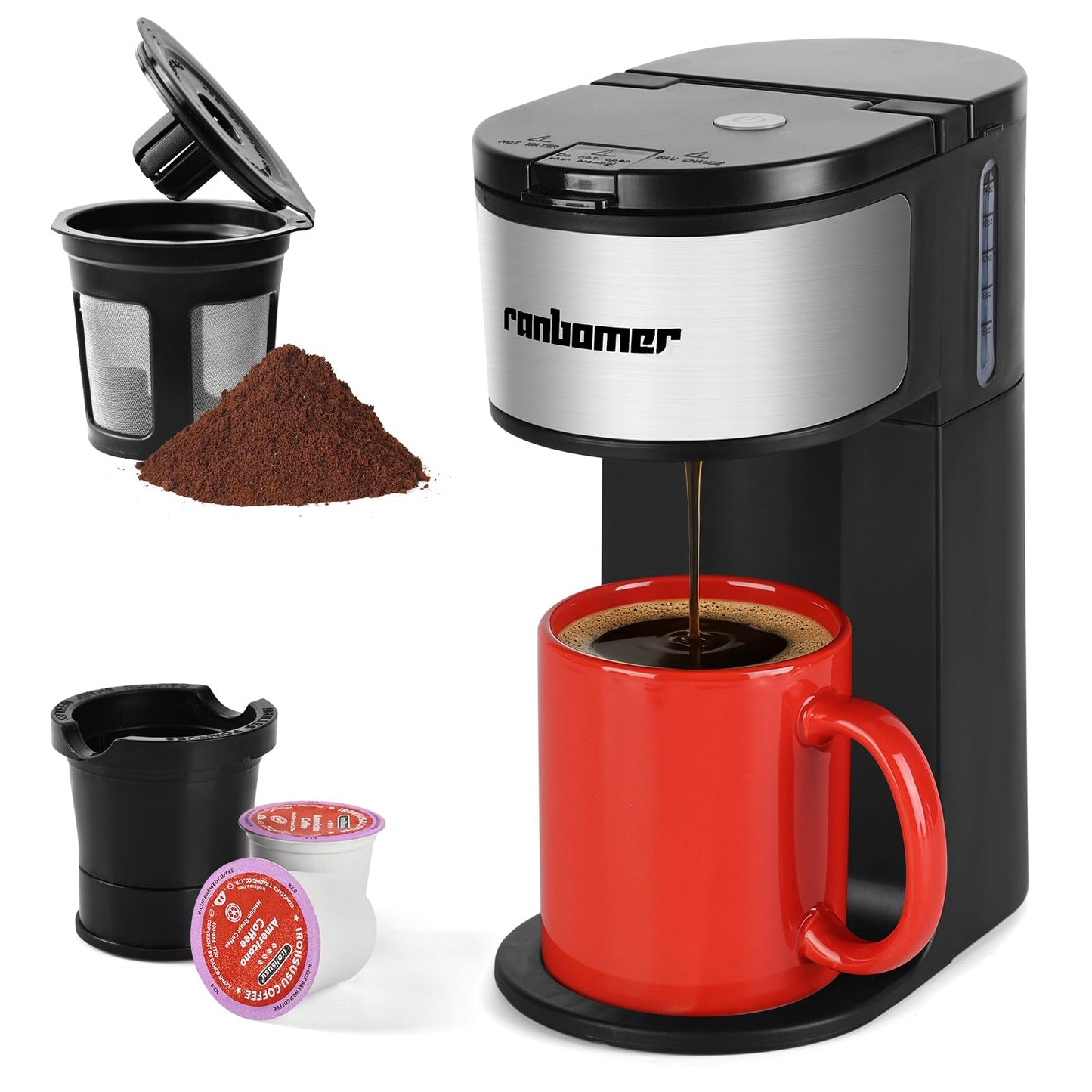 Ranbomer K Cup Coffee Maker, Single Serve coffee machine or Ground Coffee Machine 2 in 1, 6 to 14 Oz Brew Sizes, Mini One Cup Coffee Maker with Self cleaning Function, Fits Travel Mug Black