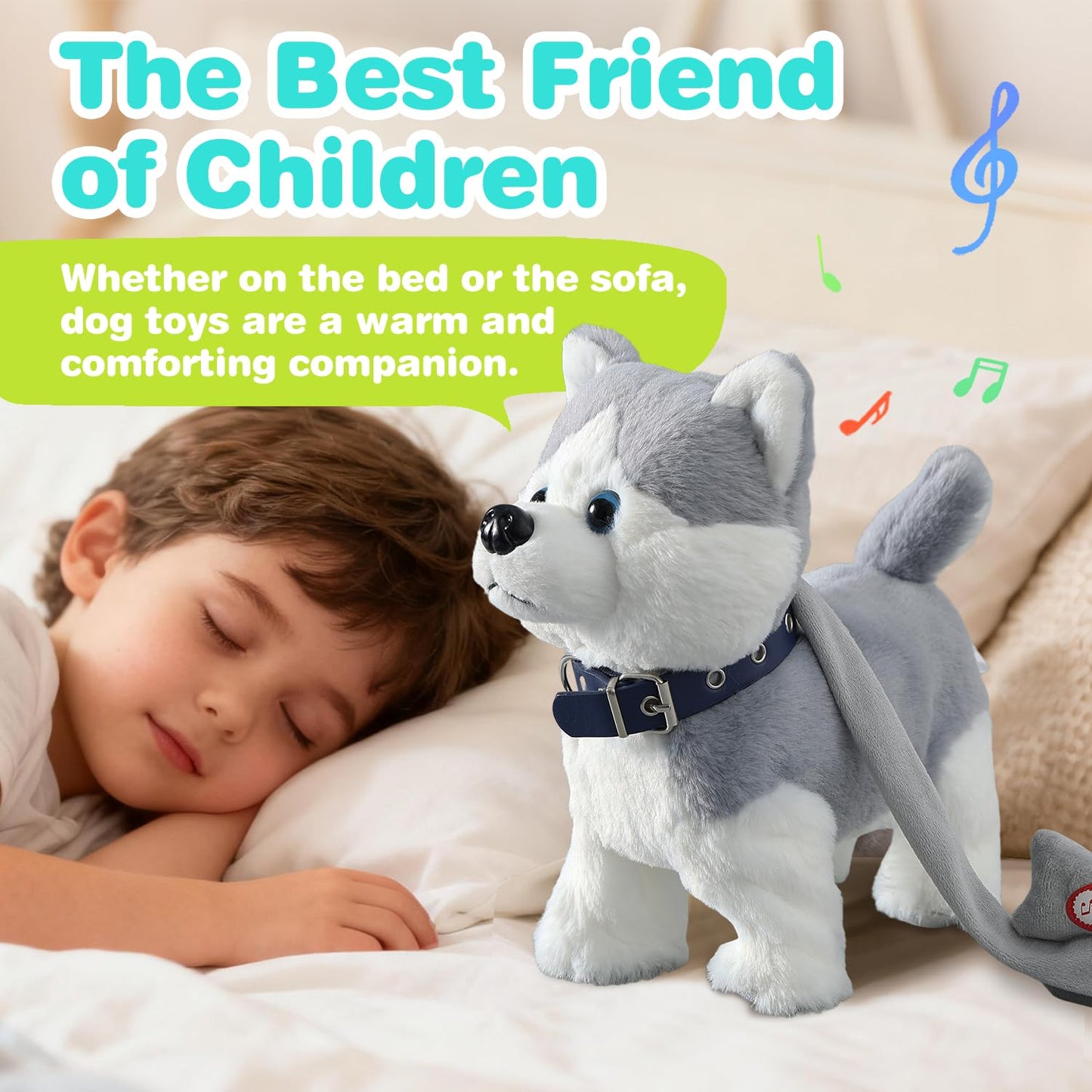 Husky Walking Dog Barking Toy, Musical Singing Dancing Dog, Volume Control Interactive Puppy Walk Along with Leash, Wagging Tail Shaking Head, Robot Dog Plush Stuffed Animal Puppy