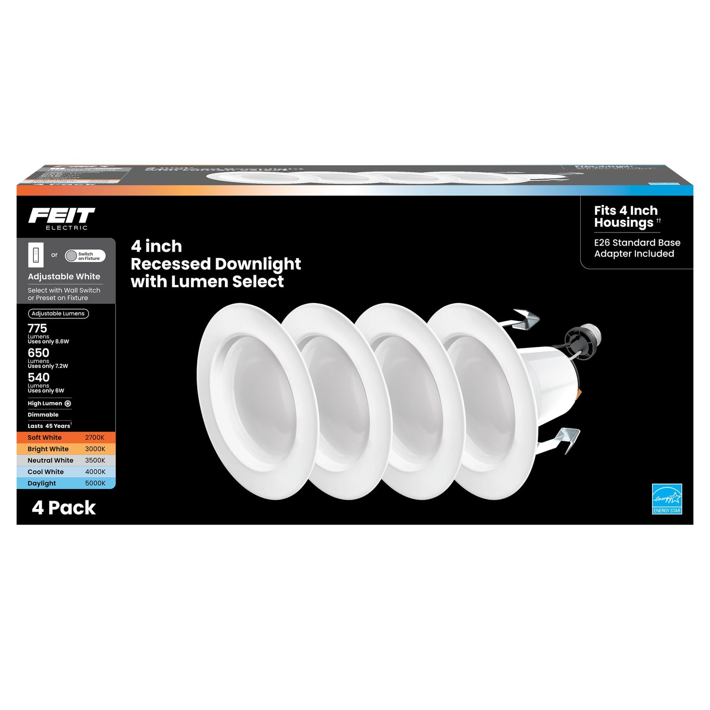 Feit Electric 4 Inch LED Recessed Downlight with Lumen Select, 75W Equivalent, Dimmable, 775 Lumens, 5CCT Selectable White 2700K–5000K, 90+ CRI, 50,000-Hour Lifetime, LEDR4HO/6WYCA/4, 4 Pack