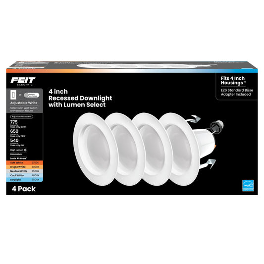 Feit Electric 4 Inch LED Recessed Downlight with Lumen Select, 75W Equivalent, Dimmable, 775 Lumens, 5CCT Selectable White 2700K–5000K, 90+ CRI, 50,000-Hour Lifetime, LEDR4HO/6WYCA/4, 4 Pack