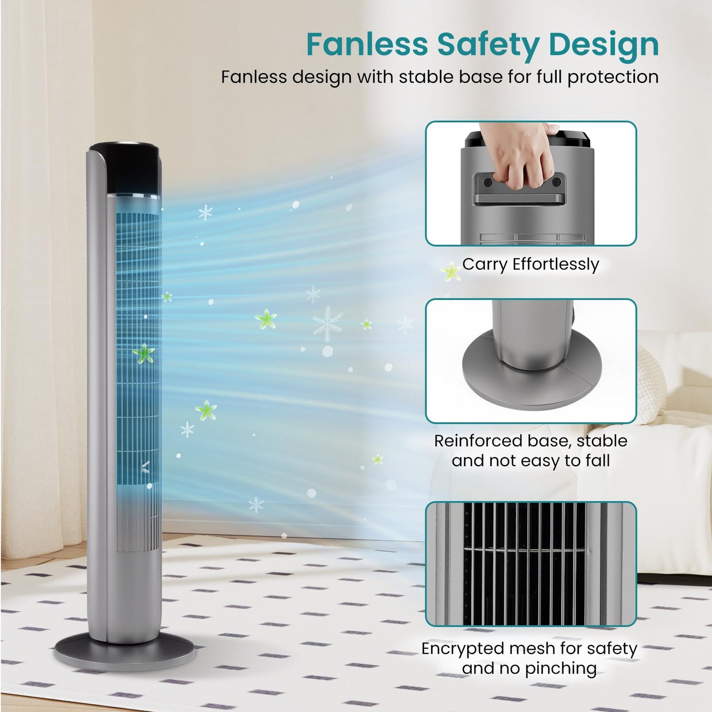 KMFurnila Tower Fan for Bedroom, 36 Inch Bladeless Floor Fan with Remote, 60° Oscillating Electric Standing Fan, 5 Speeds & 4 Modes, 12H Timer, 28dB Quiet, 25ft Airflow for Home, Office, Indoor Use