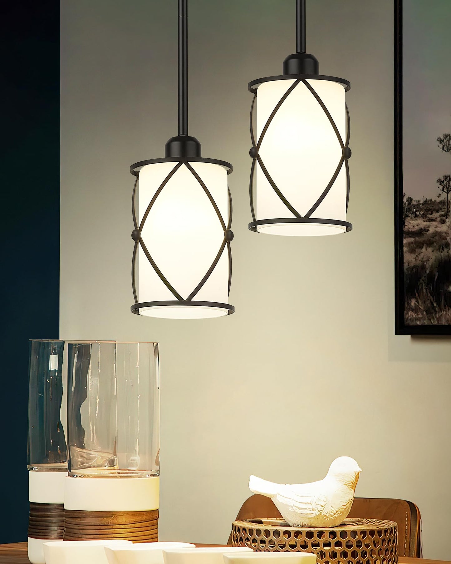 Osimir Glass Pendant Lights Kitchen Island, 2 Pack Modern Black Pendant Light Fixtures with Frosted Glass and Rod, Mid Century Cage Pendant Light for Kitchen Sink Dining Room, CH9176BKW-2PK
