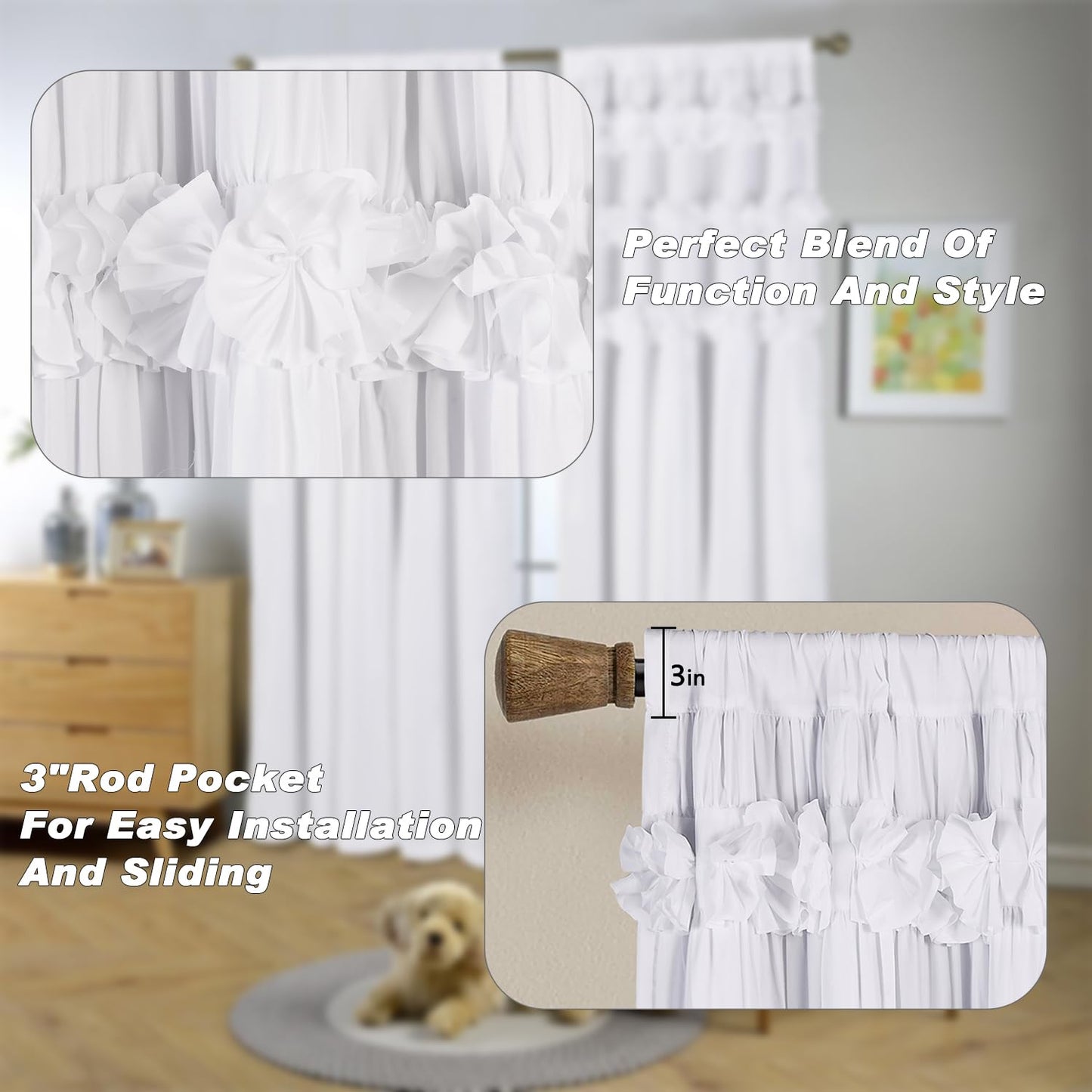 Homechoice Decor White Blackout Drapes - Handmade Ruffles & Butterfly Flower Accents Heat Blocking Window Curtain 54" x 84" x 2 Panels - Thermal Insulated, Soundproof & Light Reducing Curtains (LQ-37)