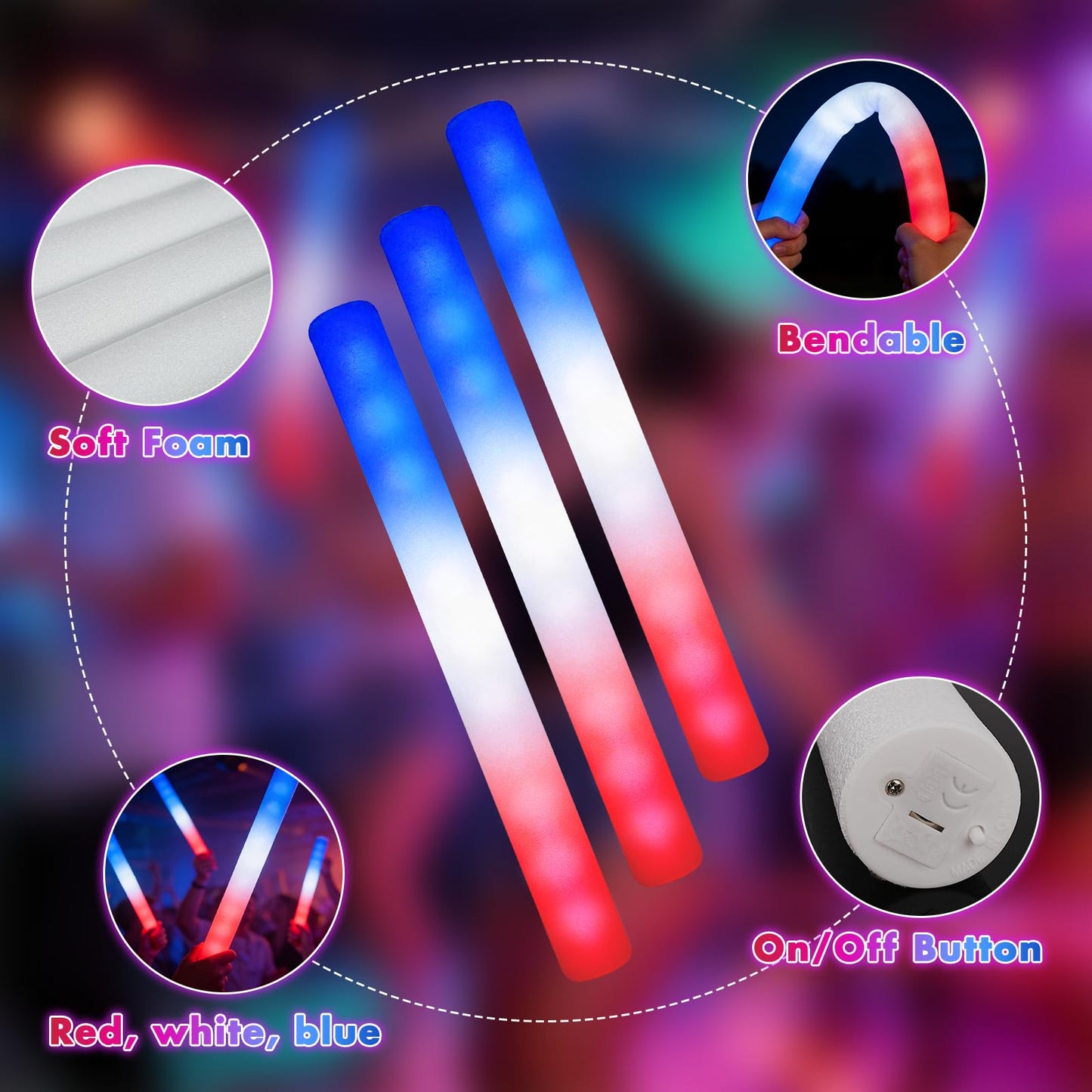 SHQDD 72 PCS 4th of July Foam Glow Sticks Bulk , Patriotic Red White Blue Glow in the Dark Foam Sticks, Light up Supplies for Kids & Adults, Glow Party Accessories & Decorations for Independence Day