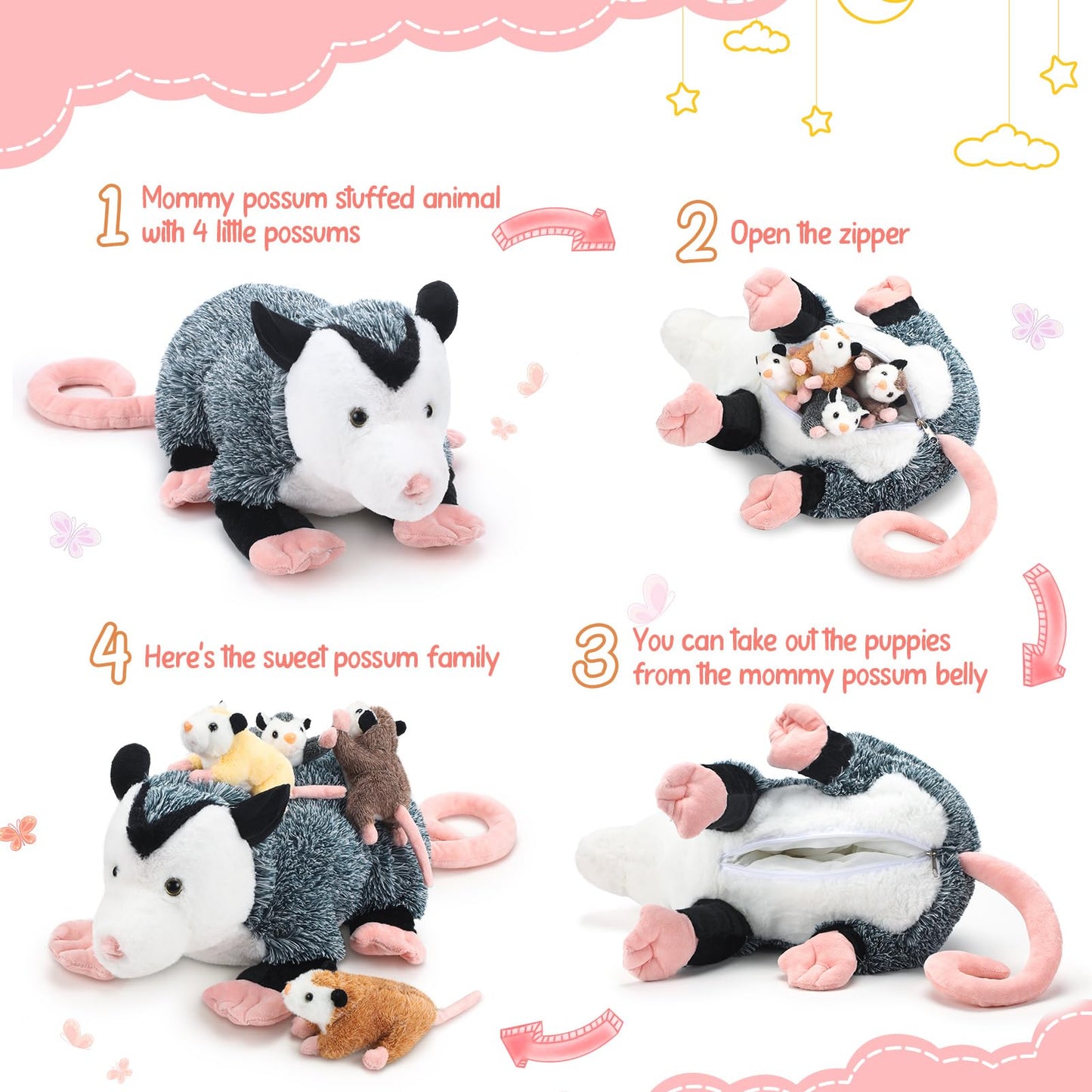Hollowfly 5 Pcs Stuffed Opossum Mommy Possum Plush with 4 Baby Opossums Stuffed Toy on Her Back, Magnetic Attraction Cotton Plush Animal Toy Gift for Boys Girls Possum Lover(Classic)