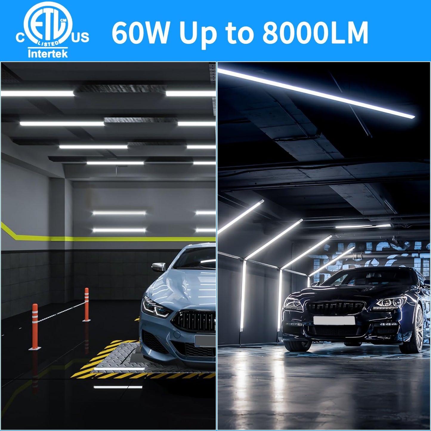 (Pack of 4) Linkable LED Utility Shop Lights for Garage, 6FT, 60W, LED Tube Ceiling Light T8 Integrated Single Fixture, 6000K, 8000LM Daylight V Shape, Basement, Offices, Clear Lens, Plug and Play