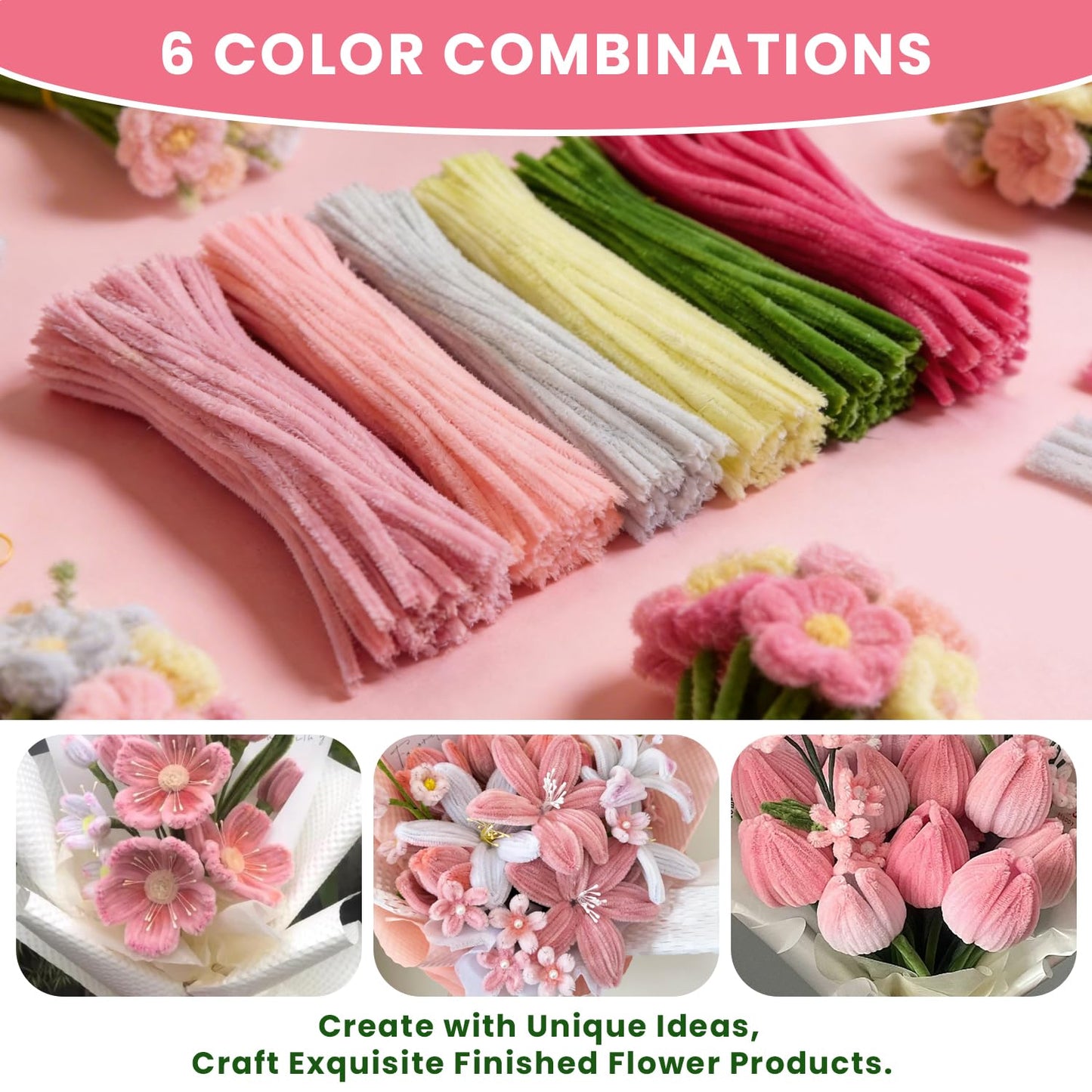 1800 PCS Pipe Cleaners Craft, 6 Colors Pipe Cleaner Bulk Flower Kit, Chenille Stems Bulk with Floral Wires, Gardening Tape, Stamen, Wrapping Paper & Ribbon, DIY Art and Craft Supplies - Pink Gradient