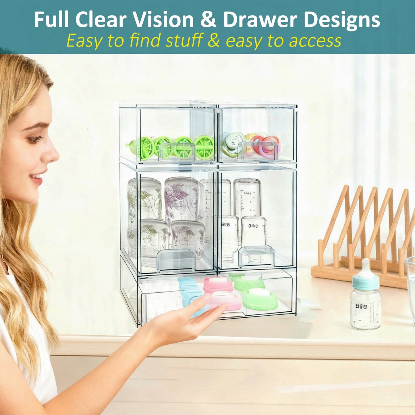 Baby Bottle Organizer for Countertop with Dust Protection, 5Pack Stackable Baby Organizers and Storage for Bottles, Clear Acrylic Container with Drawer for Kitchen, Cabinet, Vanity, Bathroom, Pantry